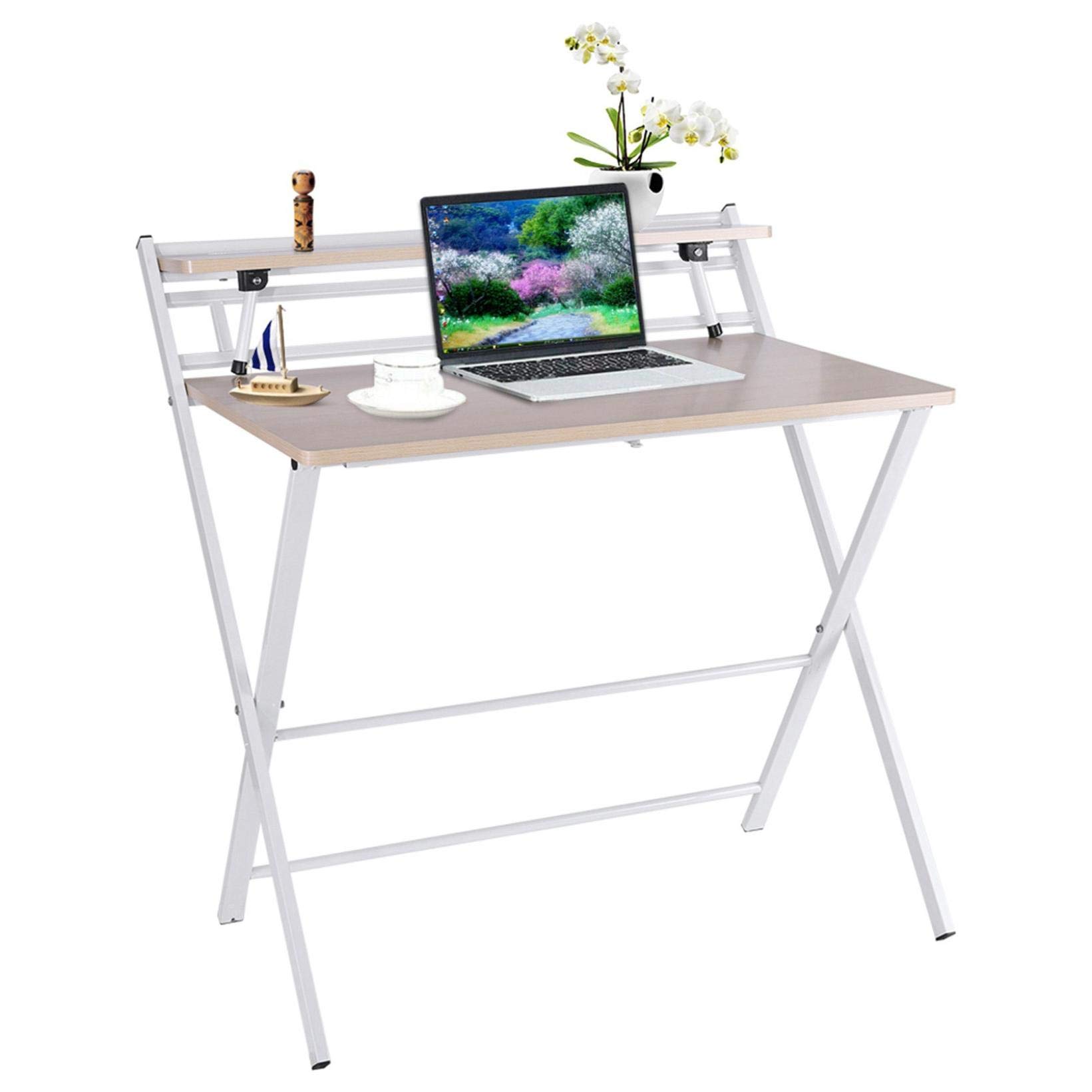 2-Tier Folding Desk with Shelf - Space Saving Modern Computer Desk for Home Office, Gaming & Study - Sturdy Metal Frame & Premium Surface - Perfect for Small Spaces, Dorm Rooms & Workstations