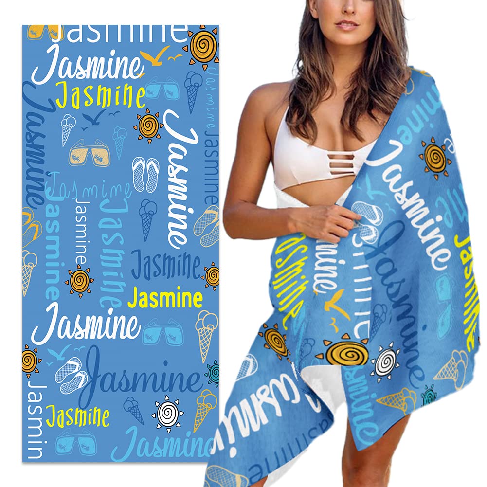 Custom Personalized Beach Towel for Adults - Sand Free, Oversized 30x60 Inch Lightweight Microfiber Pool Towel with Name - Quick Dry, Ultra Absorbent - Perfect for Beach, Pool, Vacation & Outdoor Activities - Blue