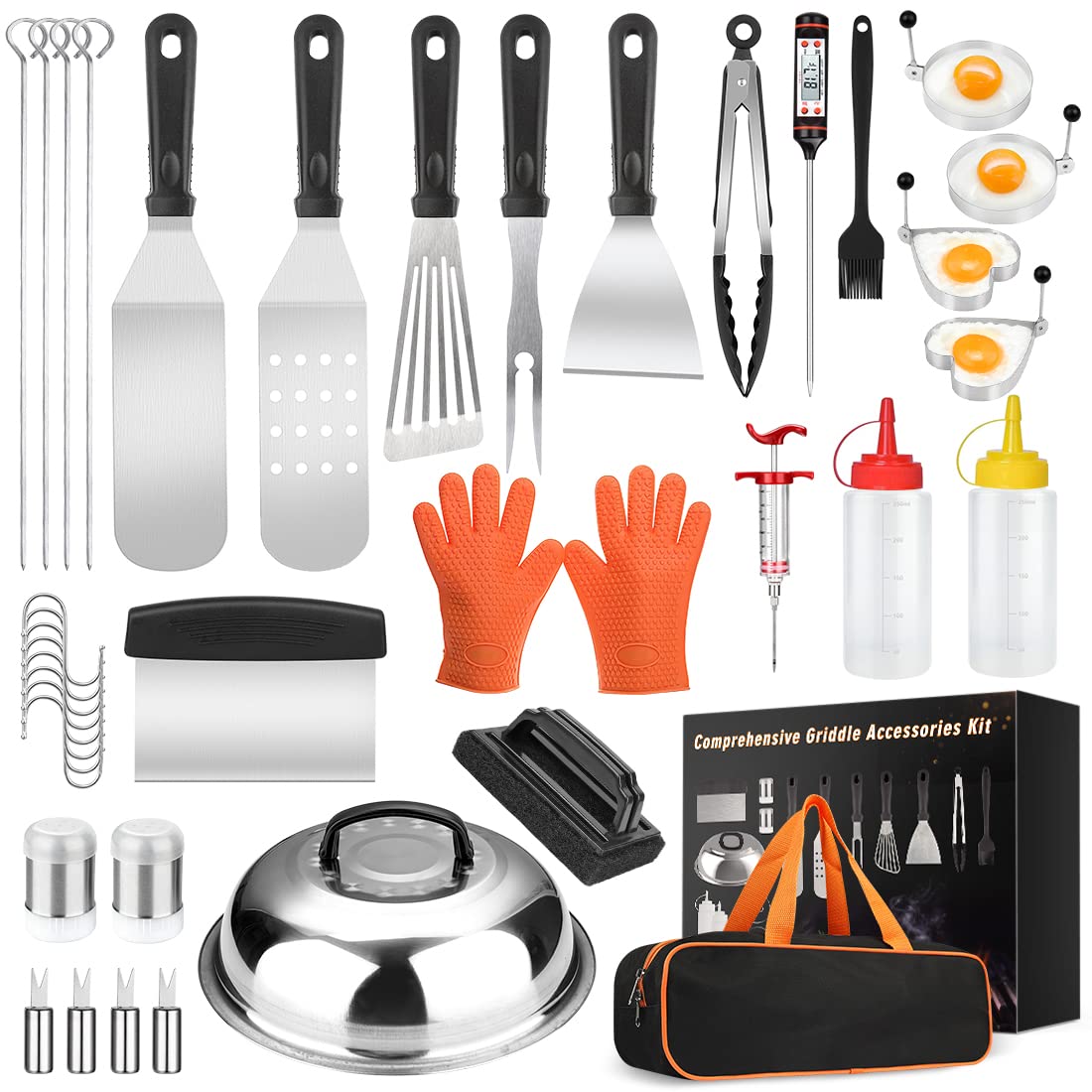 39PCS Stainless Steel Griddle Accessories Kit - BBQ Grill Tools Set for Blackstone & Camp Chef - Includes Spatula, Basting Cover, Chopper, Scraper, Bottle, Tongs & Egg Mold - Perfect for Outdoor Cooking, Camping & Backyard Grilling Parties