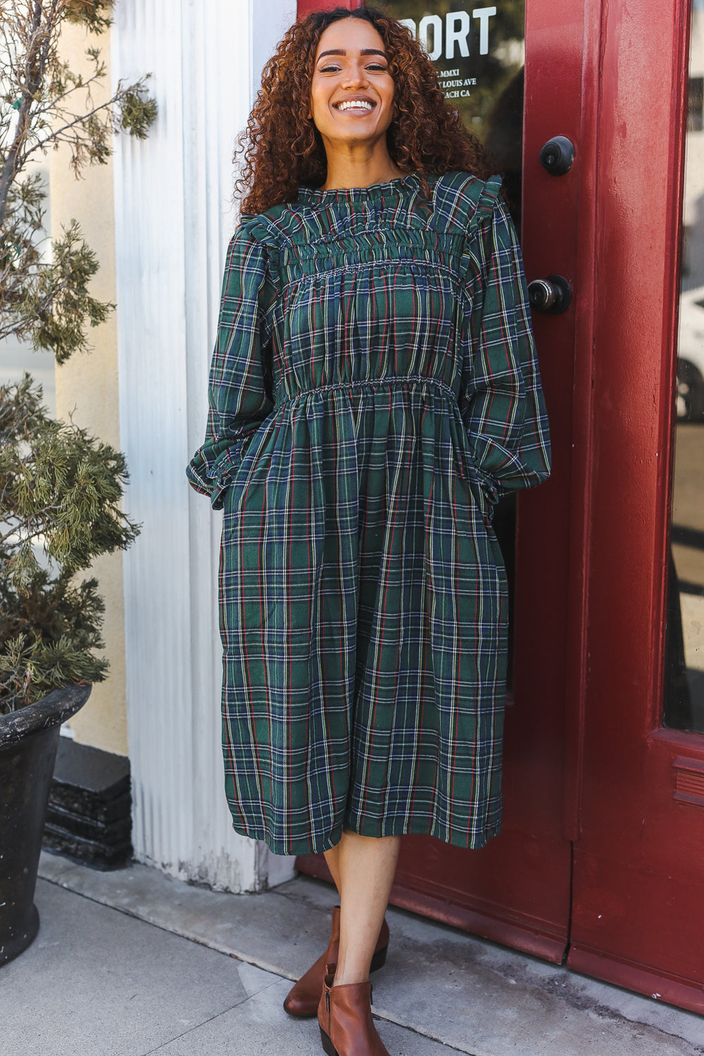 Stylish Hunter Green Plaid Check Woven Pocketed Dress for Women | Casual & Office Wear | Perfect for Work, Dates & Special Occasions