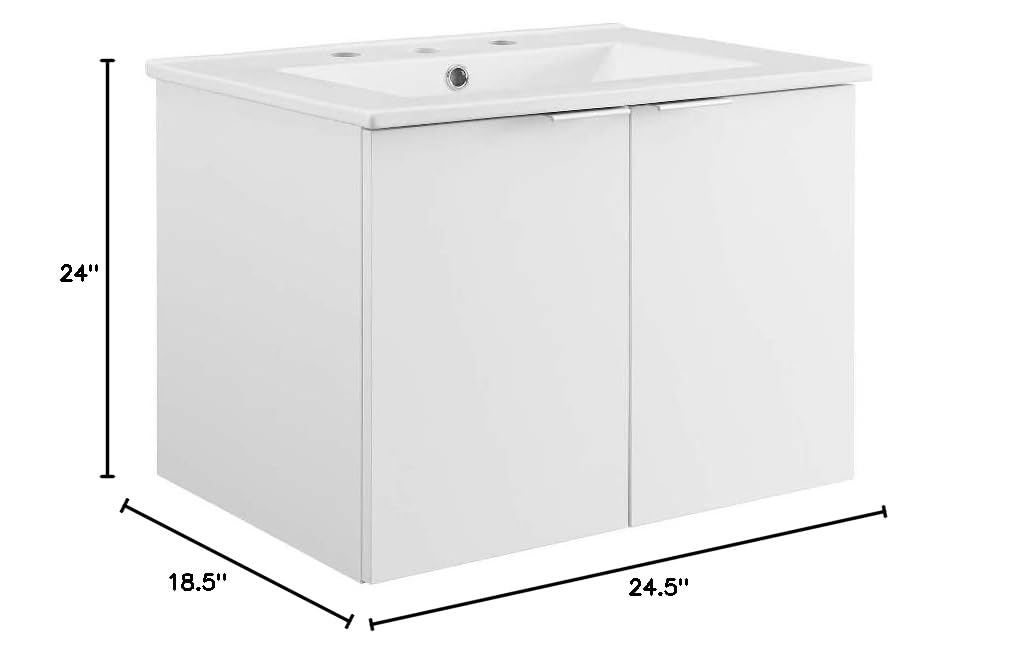 Modway Maybelle 24 Inch White Wall-Mounted Bathroom Vanity with Sink - Space Saving Modern Design for Small Bathrooms, Powder Rooms & Apartments