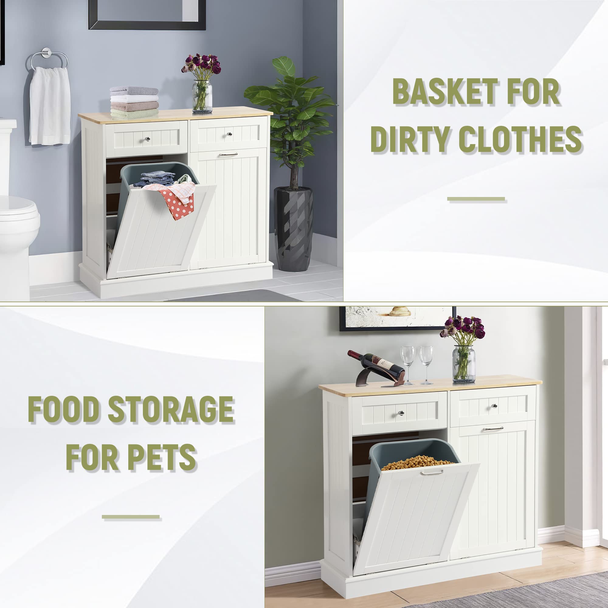 White Wooden Tilt-Out Trash Can Cabinet with Double Hidden Trash Bin Holder - Free Standing Kitchen Recycling Storage Organizer, Dog-Proof Garbage Can for Home & Office Use