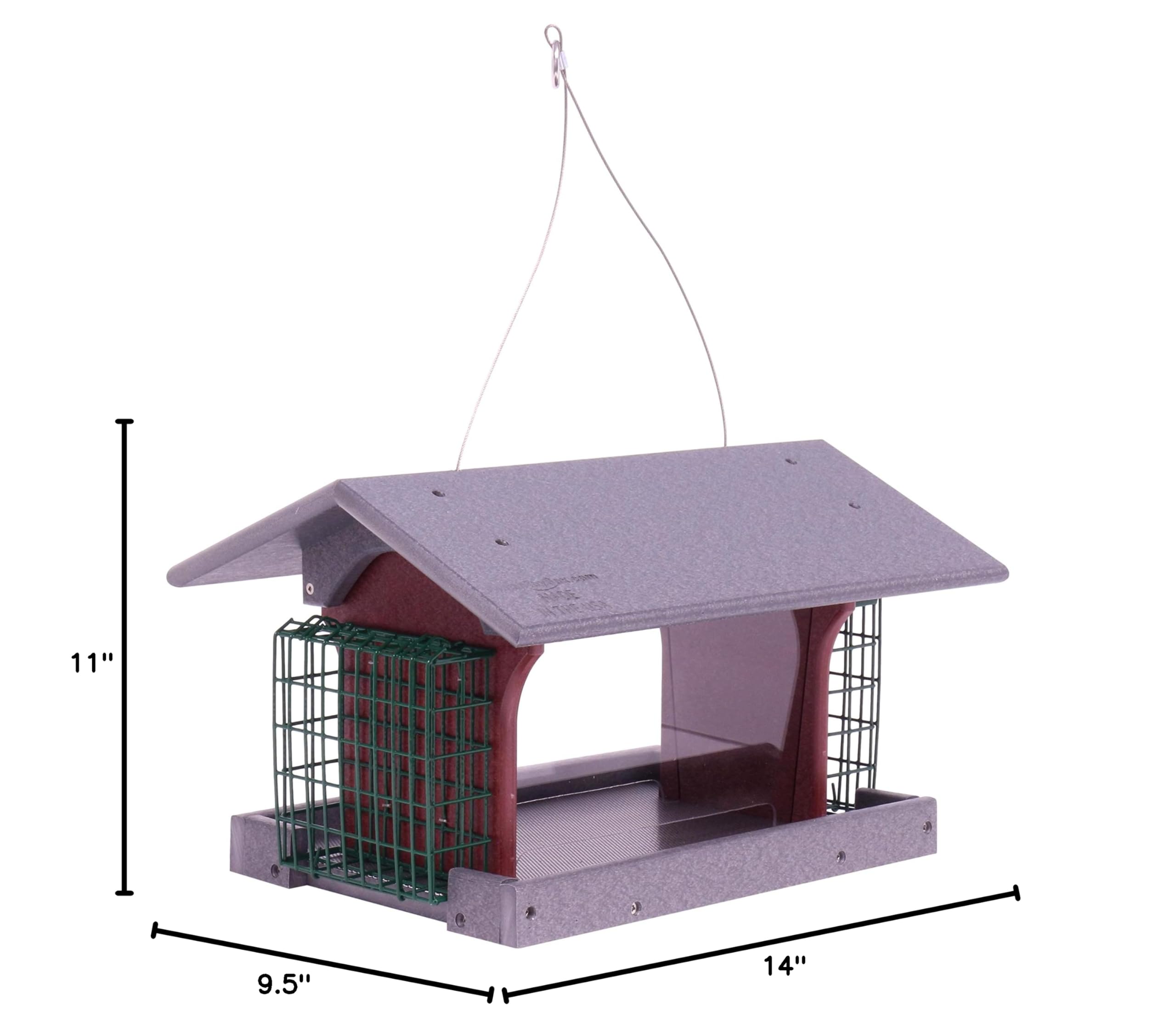 Premium Eco-Friendly Poly Lumber Deluxe Bird Feeder with Suet Holders - Durable Gray/Cherry Wood Design for Backyard Bird Watching & Wildlife Attraction | Perfect for Garden, Patio & Nature Lovers