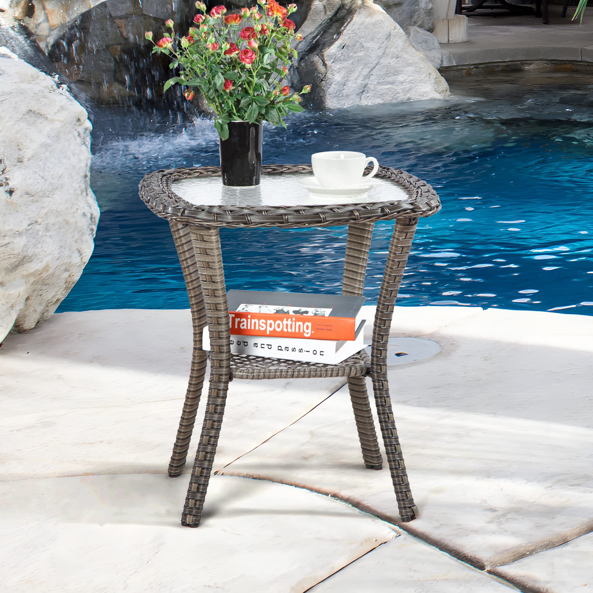 Joyside 20x20x22 Inch Brown Wicker Outdoor Side Table with 5 Inch Tempered Glass Top and Storage Shelf - Perfect Patio Coffee Table for Garden, Poolside, and Outdoor Furniture Sets