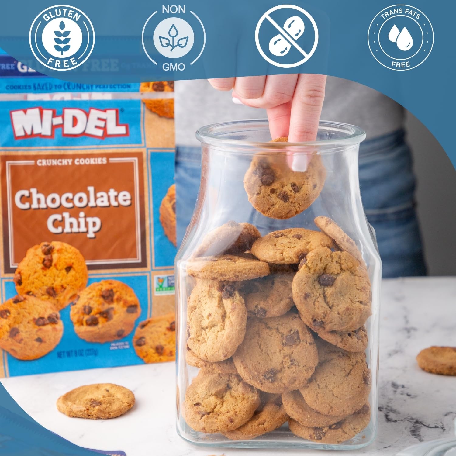 Mi-Del Gluten Free Chocolate Chip Cookies - Crunchy, Non-GMO Certified, 0g Trans Fat, Healthy Snack (Pack of 8) | Perfect for School Lunches, Office Snacks & Gluten-Free Diets