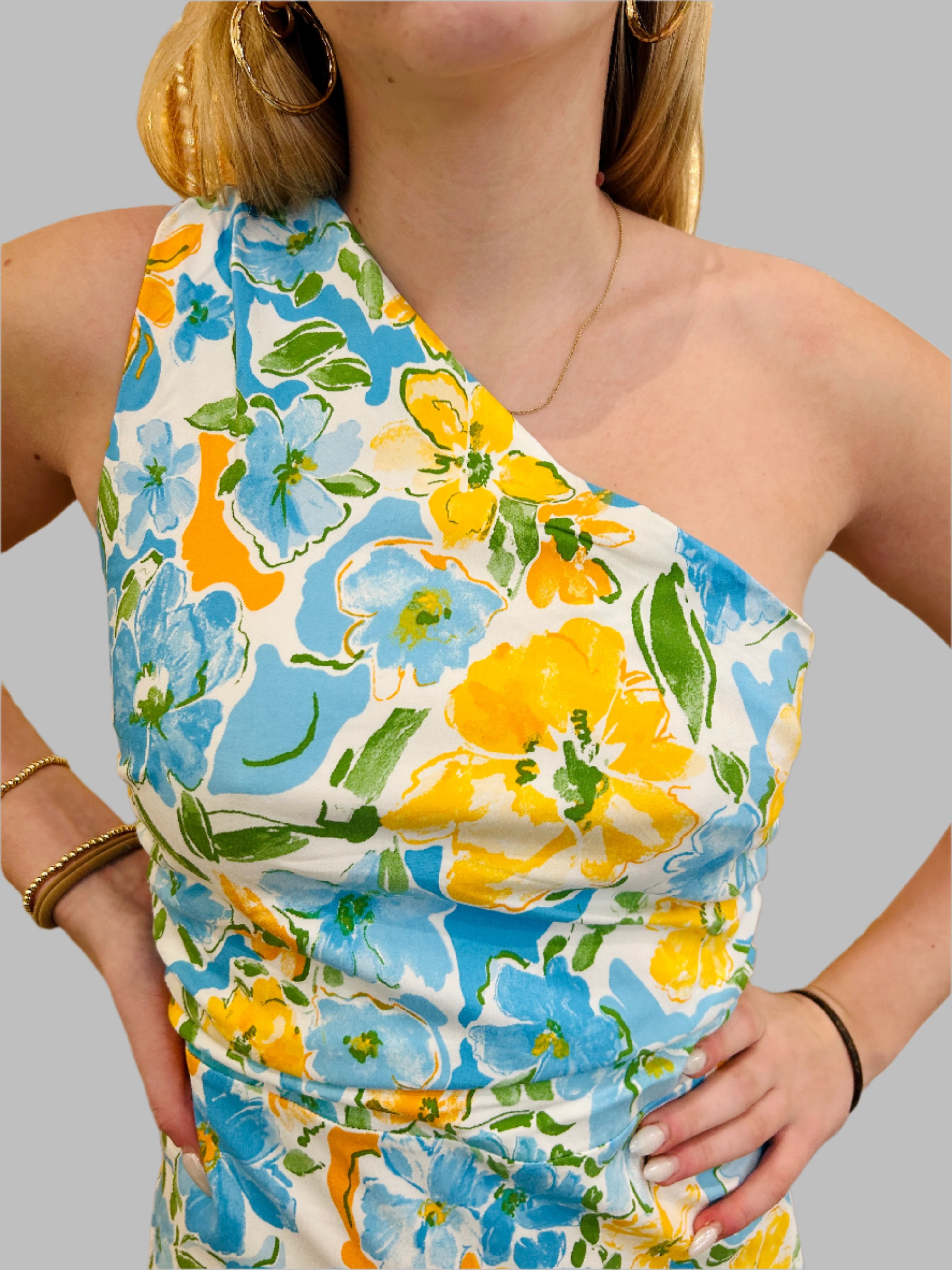 One Shoulder Floral Mini Dress - Blue, Green & Yellow | Summer Beach Party, Vacation & Date Night Outfit