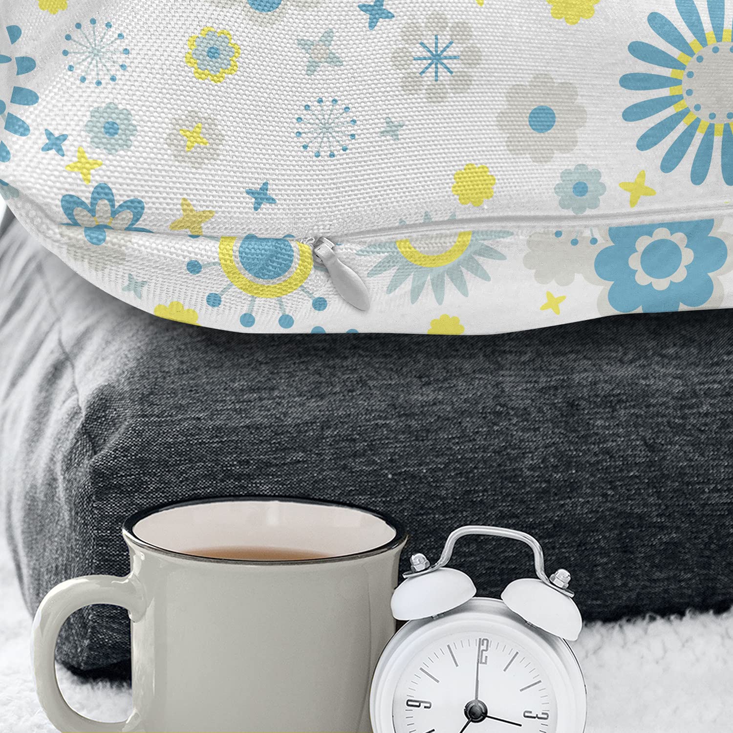 Ambesonne Yellow and Blue Decorative Throw Pillow Cover 24x24 Inch - Spring Nature Inspired Floral Scrapbook Design, Square Accent Cushion Case in Blue Yellow Pale Grey - Perfect for Living Room, Bedroom, Sofa Decor
