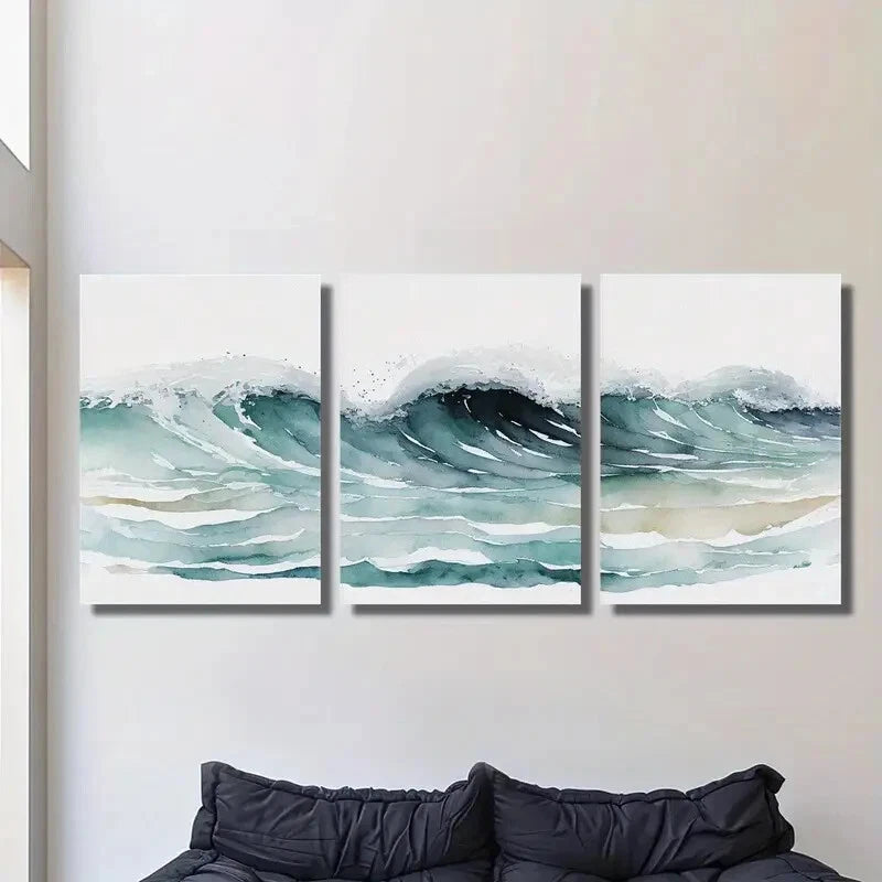 3-Piece Ocean Waves Watercolor Painting Metal Wall Art - Ready to Hang Coastal Decor for Living Room, Bedroom & Office