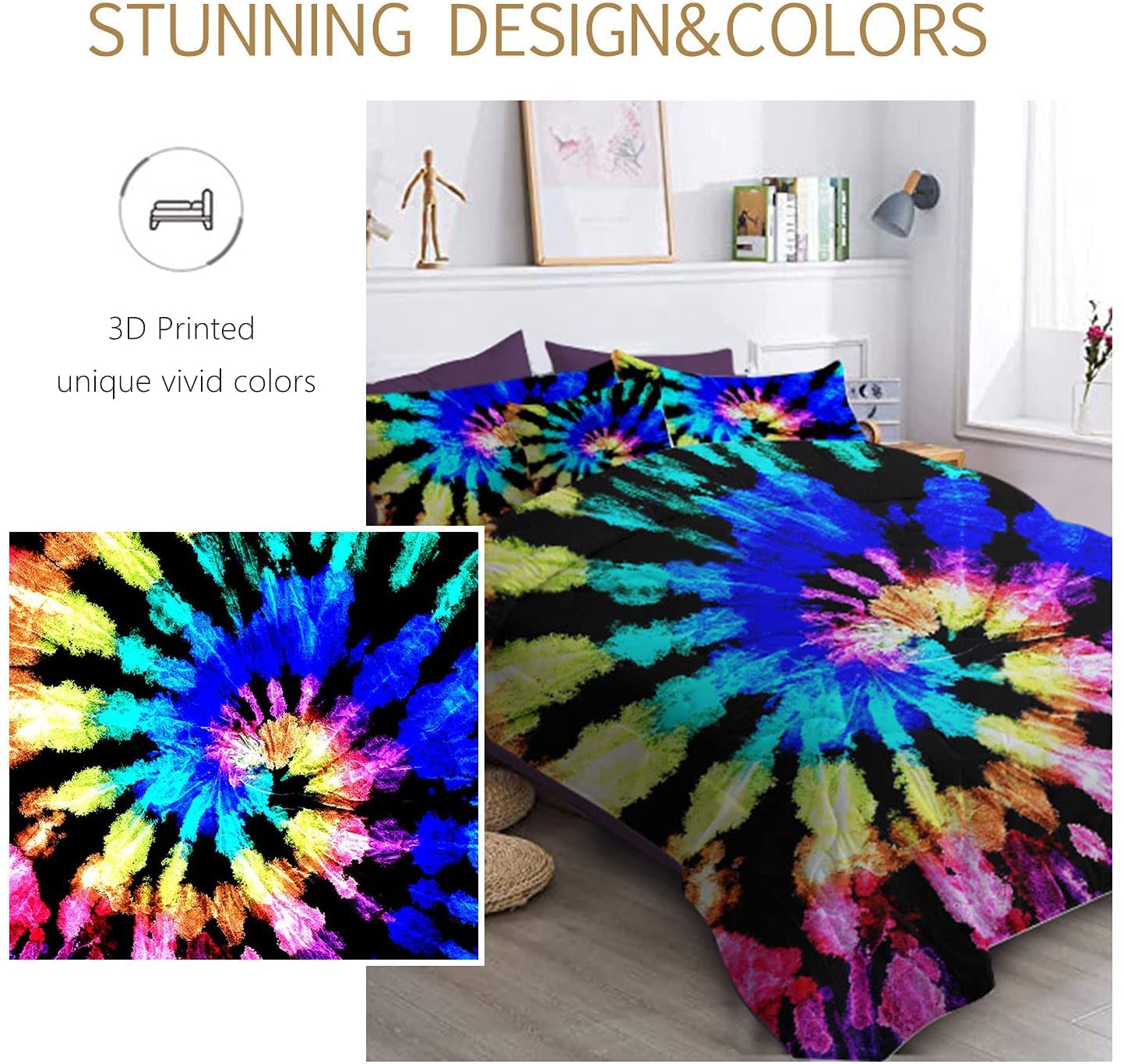 BlessLiving Bohemian Queen Size Tie Dye Comforter Set - 8 Piece Reversible Blue & Purple Bedding (Comforter, Pillowcases, Shams, Sheets) for Bedroom Decor & Guest Room Styling