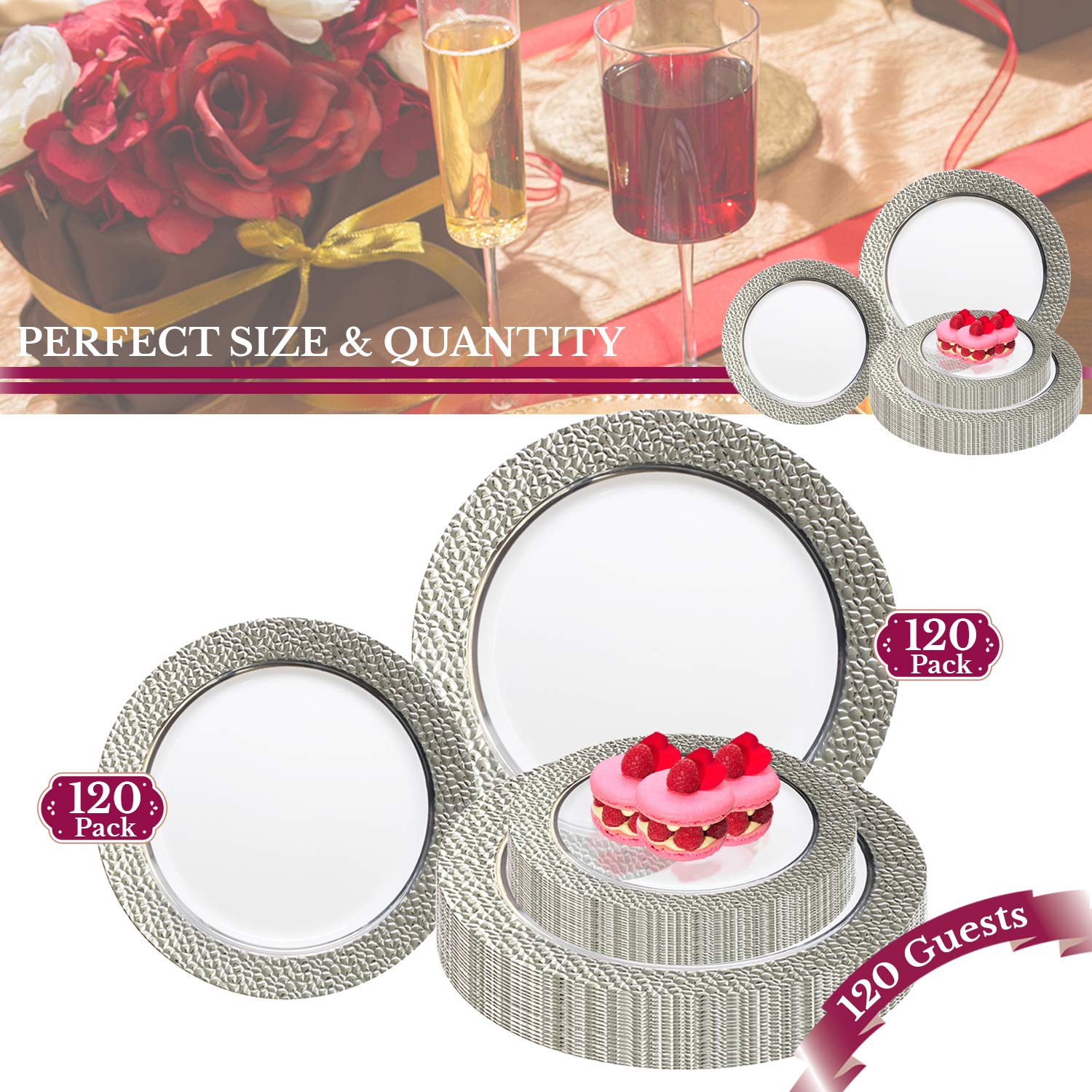 Elegant Disposable Plastic Plates 240 Count - 120 Heavy Duty White Dinner Plates & 120 Dessert Plates with Silver Hammered Rim for Wedding, Birthday Party, Catering, Picnic, and All Special Occasions - Perfect for Indoor and Outdoor Events