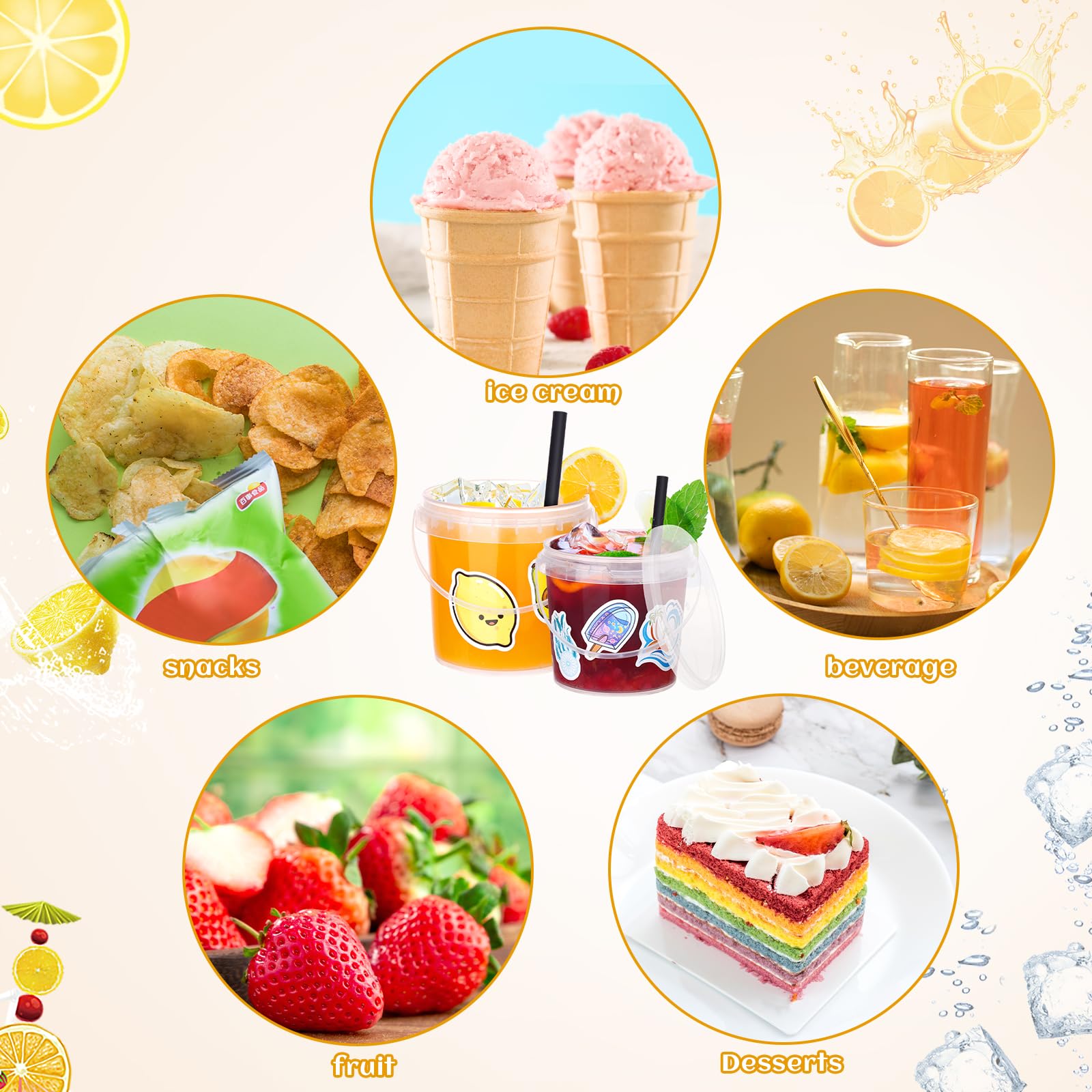 30-Pack Reusable Clear Plastic Ice Cream Buckets with Lids & Handles - 16oz Drink Containers for Parties, Cocktails, Rum Buckets - Includes 50 Summer-Themed Stickers - Perfect for Summer BBQs, Pool Parties & Frozen Dessert Storage