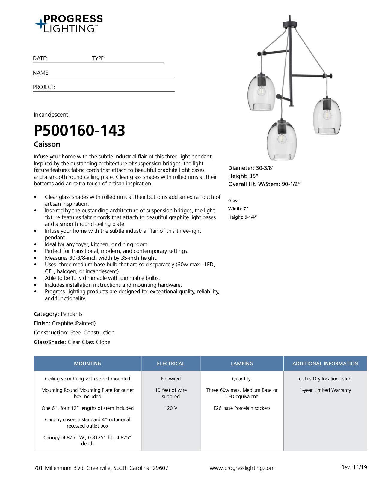Caisson Collection 3-Light Clear Glass Global Pendant Light Fixture in Graphite - Modern Dining Room Lighting for Kitchen Island, Entryway, and Living Room Decor