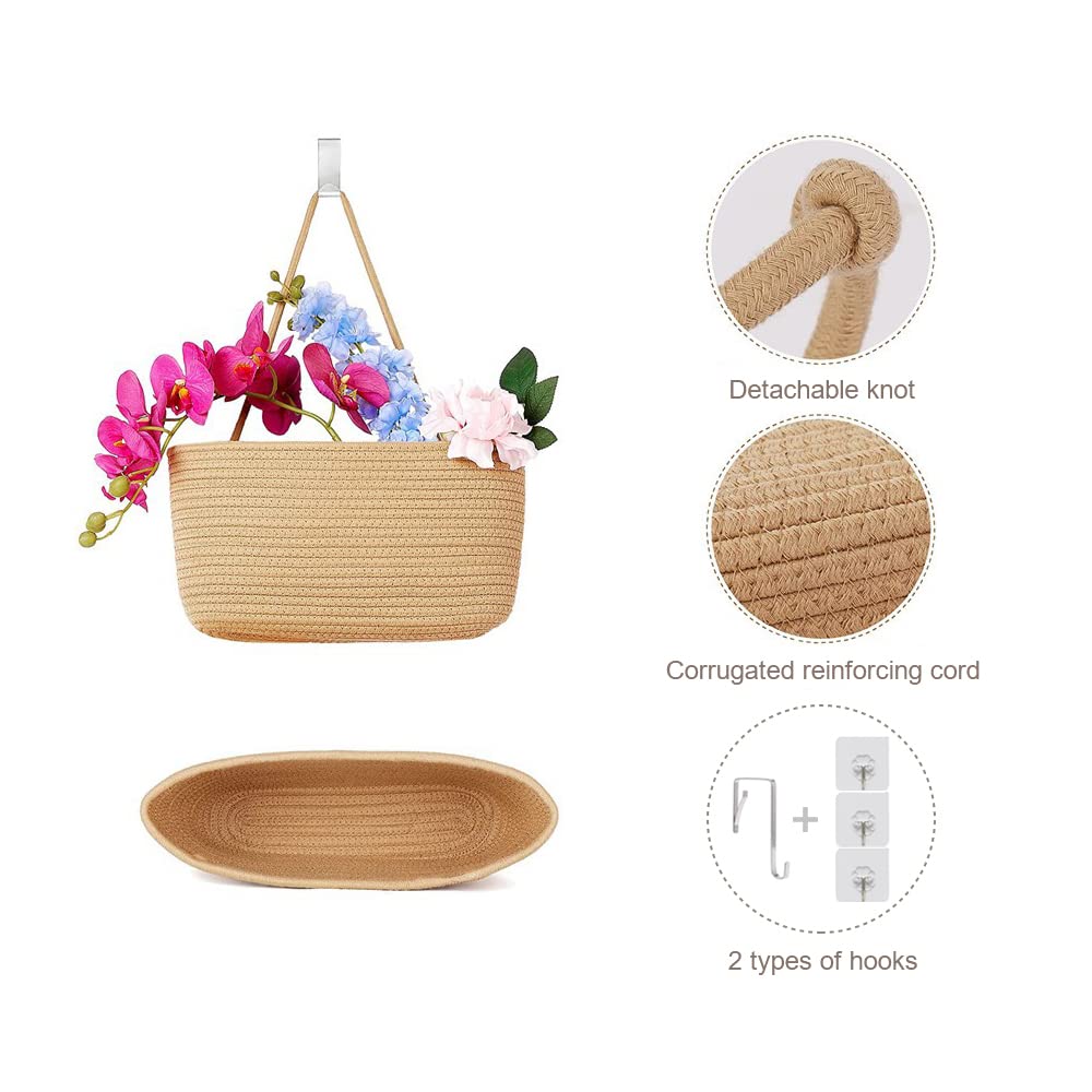 TeoKJ 2-Tier Woven Cotton Over the Door Hanging Basket - Wall Mounted Storage Organizer for Kitchen, Bathroom & Bedroom - Jute Decorative Storage Baskets - Perfect for Fruits, Vegetables, Toys & Towels