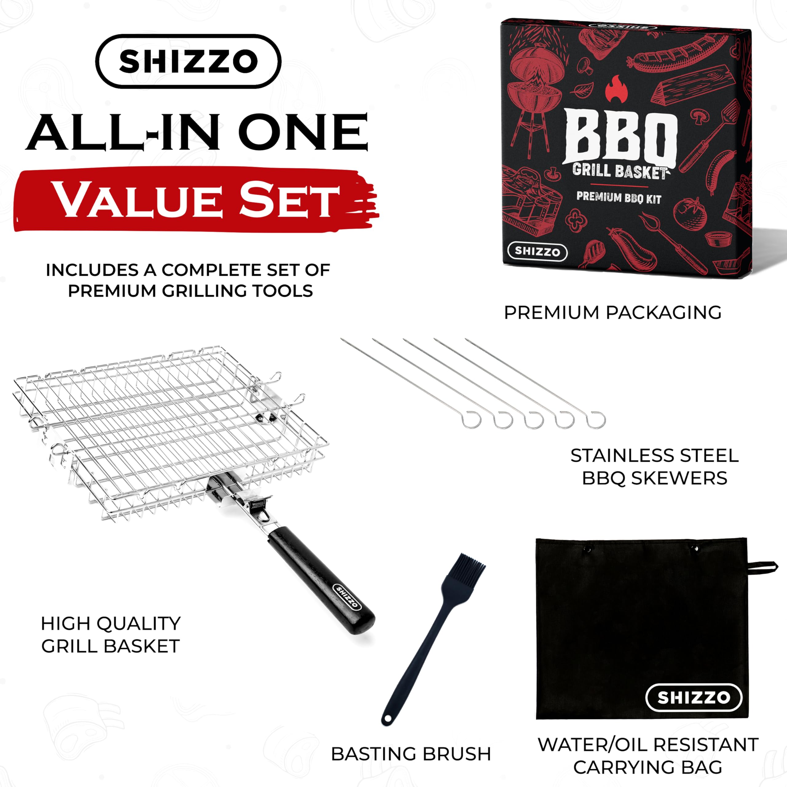 SHIZZO Adjustable Stainless Steel Grill Basket for BBQ, Fish, Shrimp & Vegetables - Portable Folding Camping Cooking Rack - Perfect Outdoor Grilling Accessory for Father's Day & Husband Gifts - Ideal for Backyard BBQs, Camping Trips & Picnics