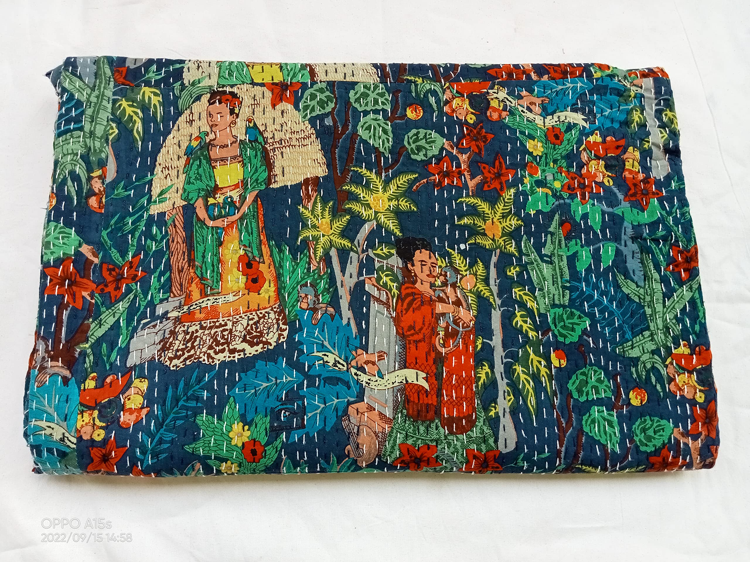 Handmade Indian Kantha Quilt - Traditional Handblock Print Cotton Bedspread, Lightweight Throw Blanket & Decorative Bed Cover for Boho Home Decor, Guest Room & Cozy Living Spaces