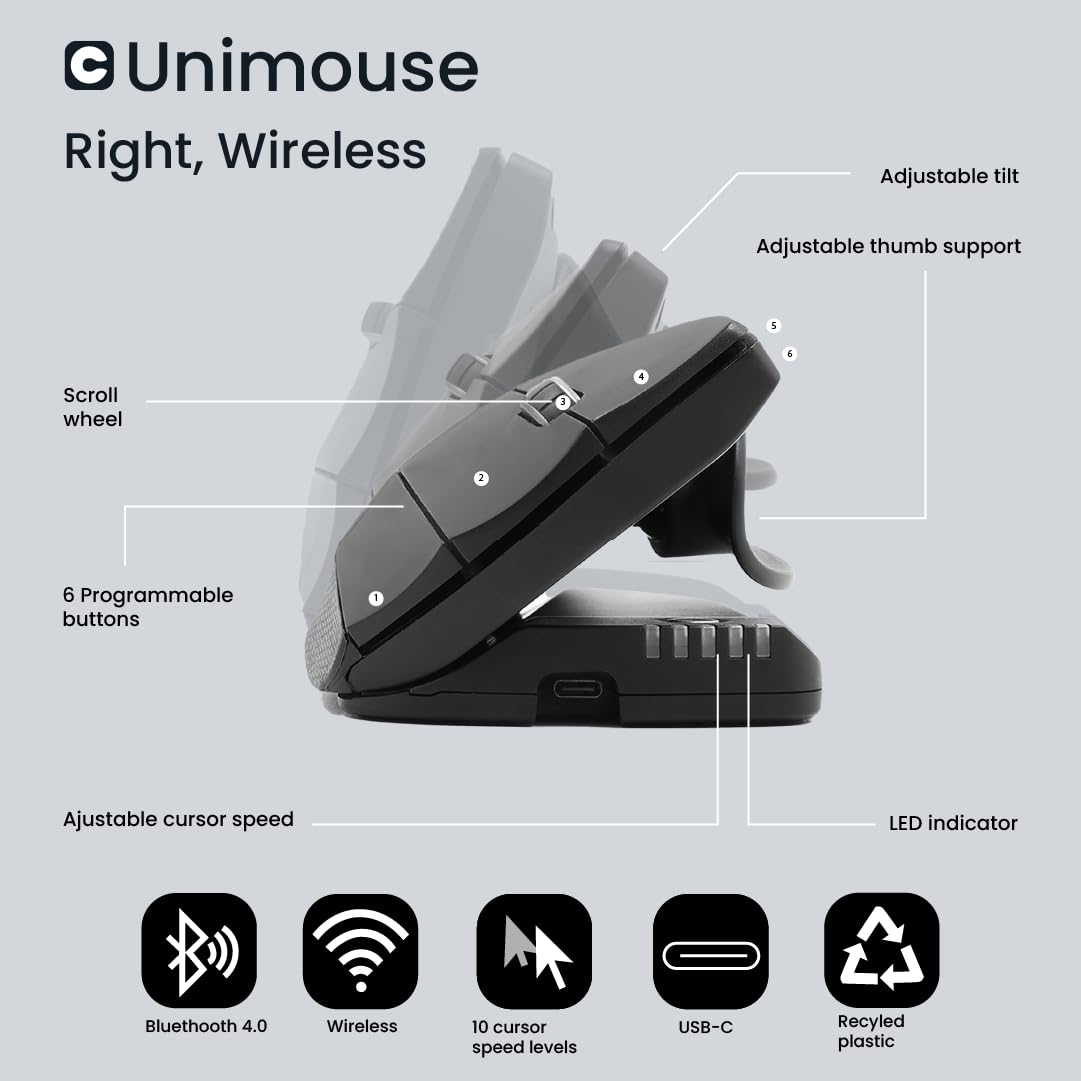 Contour Design Unimouse Eco Wireless Bluetooth Ergonomic Mouse - Right-Hand Vertical Design for Gaming, Office & Home Use - Adjustable DPI, Mac & PC Compatible - Perfect for Long Work Sessions & Gaming Marathons