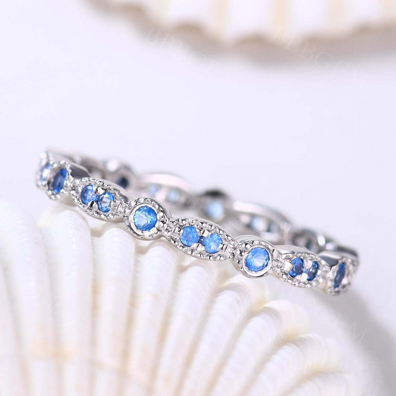 14k/18k White Gold Eternity Topaz Wedding Band with Milgrain Detailing - Perfect for Engagement Rings, Anniversary Gifts & Bridal Jewelry