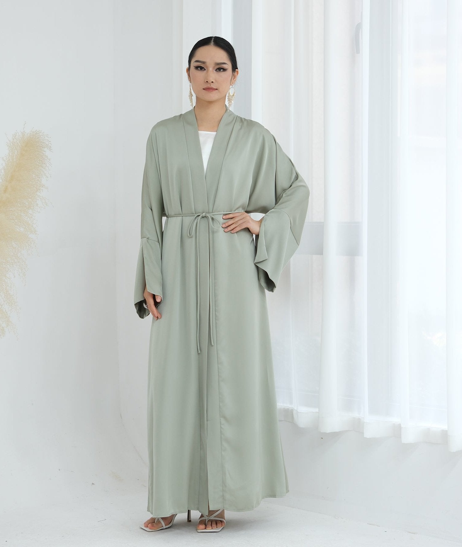 Lavinia Satin Open Abaya for Women - Elegant Long Flowy Prayer Dress - Sage Green Islamic Modest Wear for Mosque, Eid & Special Occasions