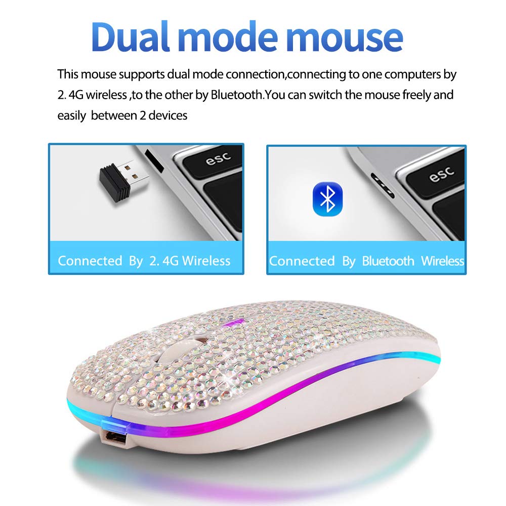 Wireless Bluetooth Mouse with USB Receiver - 2.4GHz Rechargeable Slim Mouse for Laptop, PC, MacBook, Notebook (White) | Perfect Gift for Women, Office & Home Use