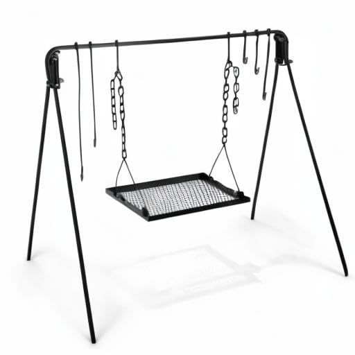 Bruntmor Adjustable Campfire Grill Stand - Portable Swing Cooking Tripod for Dutch Oven & BBQ, Collapsible Legs with Hooks, Accessories & Carry Case (Black) - Perfect for Outdoor Camping, Backyard Grilling and Picnic Cooking