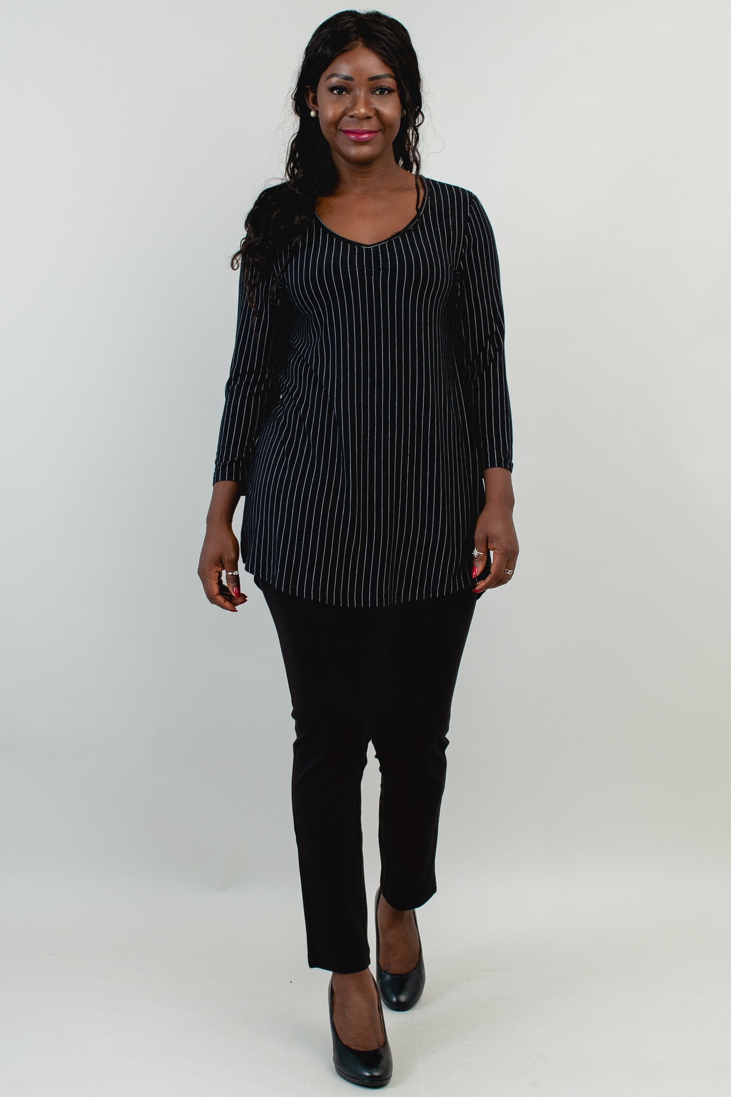Franny Top - Black & White Pin Stripe Bamboo Blouse for Women | Soft & Breathable Eco-Friendly Shirt | Perfect for Office Wear, Casual Outfits & Summer Fashion