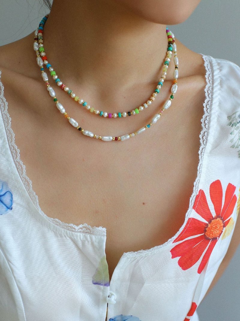 Dopamine Colored Natural Stone and Pearl Beaded Necklace for Women - Trendy Boho Layering Jewelry for Everyday Wear & Special Occasions