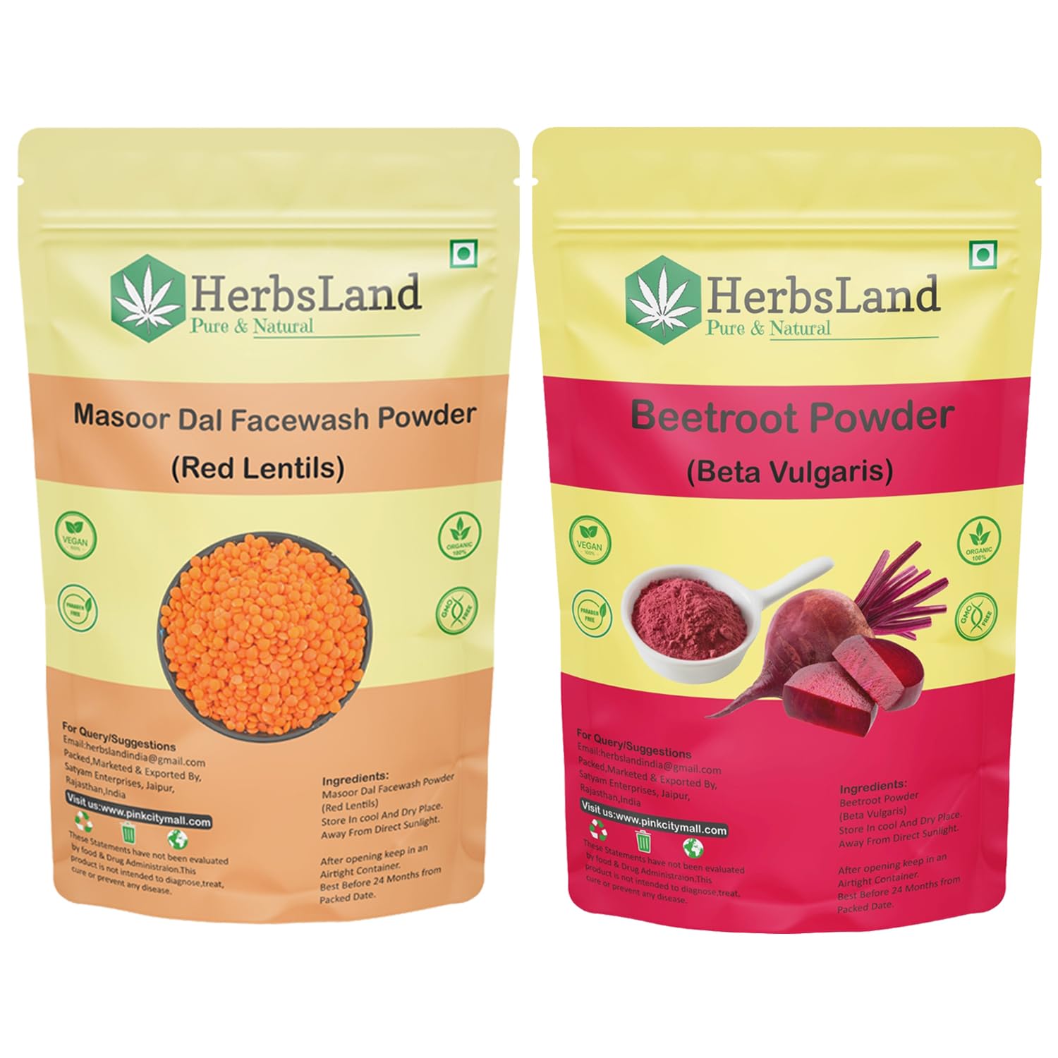 HerbsLand® 100% Natural Beetroot Powder & Red Lentil (Masoor Dal) Face Pack - Organic Superfood for Glowing Skin & Anti-Aging Care (100g Each) | DIY Facial Mask for Dry, Oily & Acne-Prone Skin