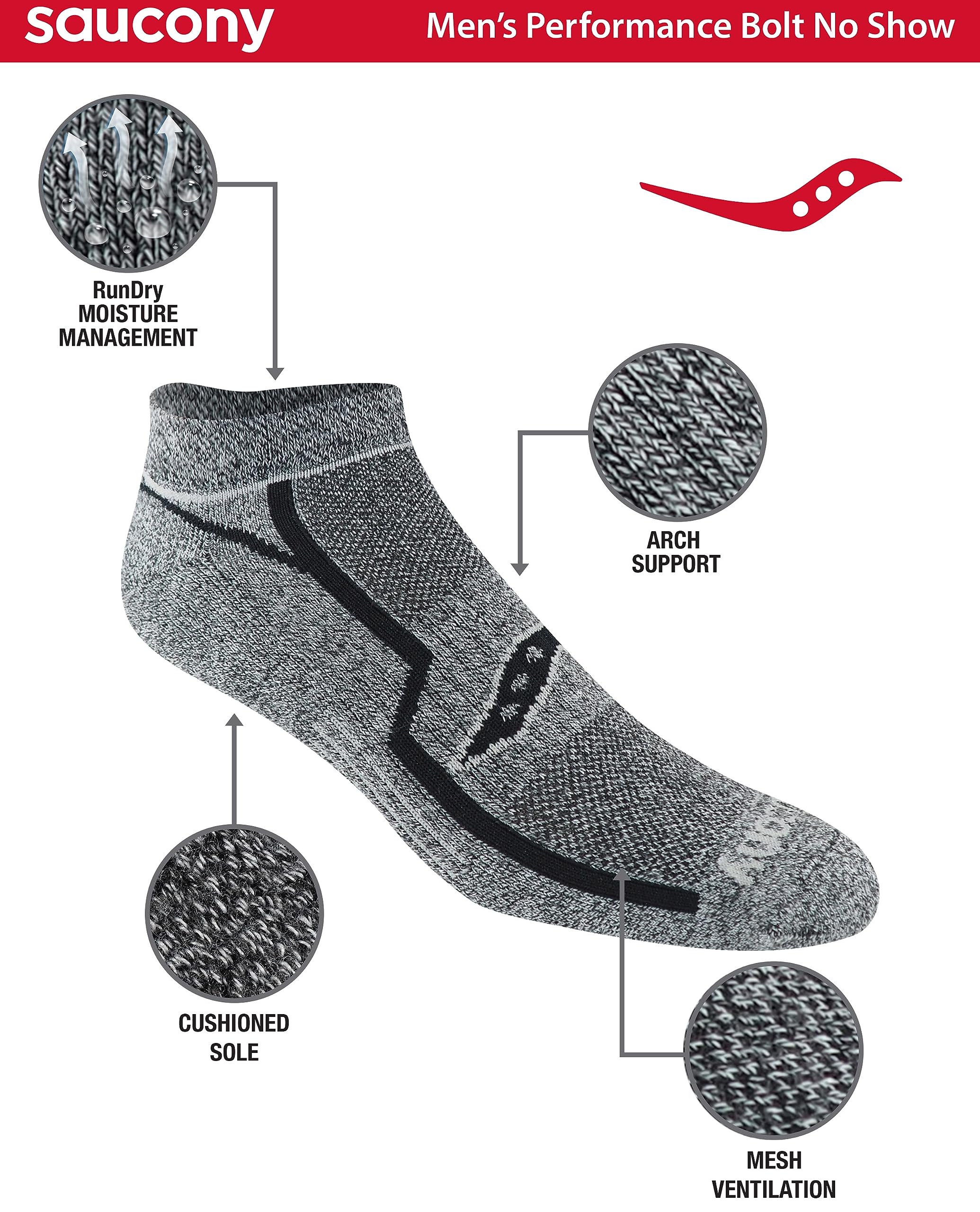 Saucony Men's Running Socks - Moisture Wicking No-Show Athletic Socks for Jogging & Workouts (6/12/18 Pairs, Sizes M-XXL) | Breathable & Cushioned for All-Day Comfort