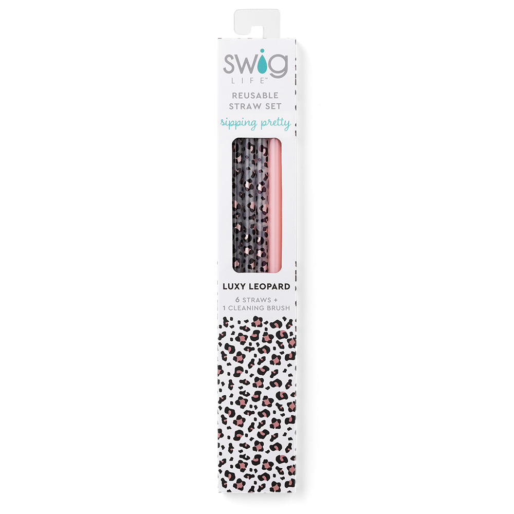 Luxy Leopard & Blush Reusable Stainless Steel Straw Set - Eco-Friendly Drinking Straws for Smoothies, Iced Coffee & Cocktails at Home or On The Go