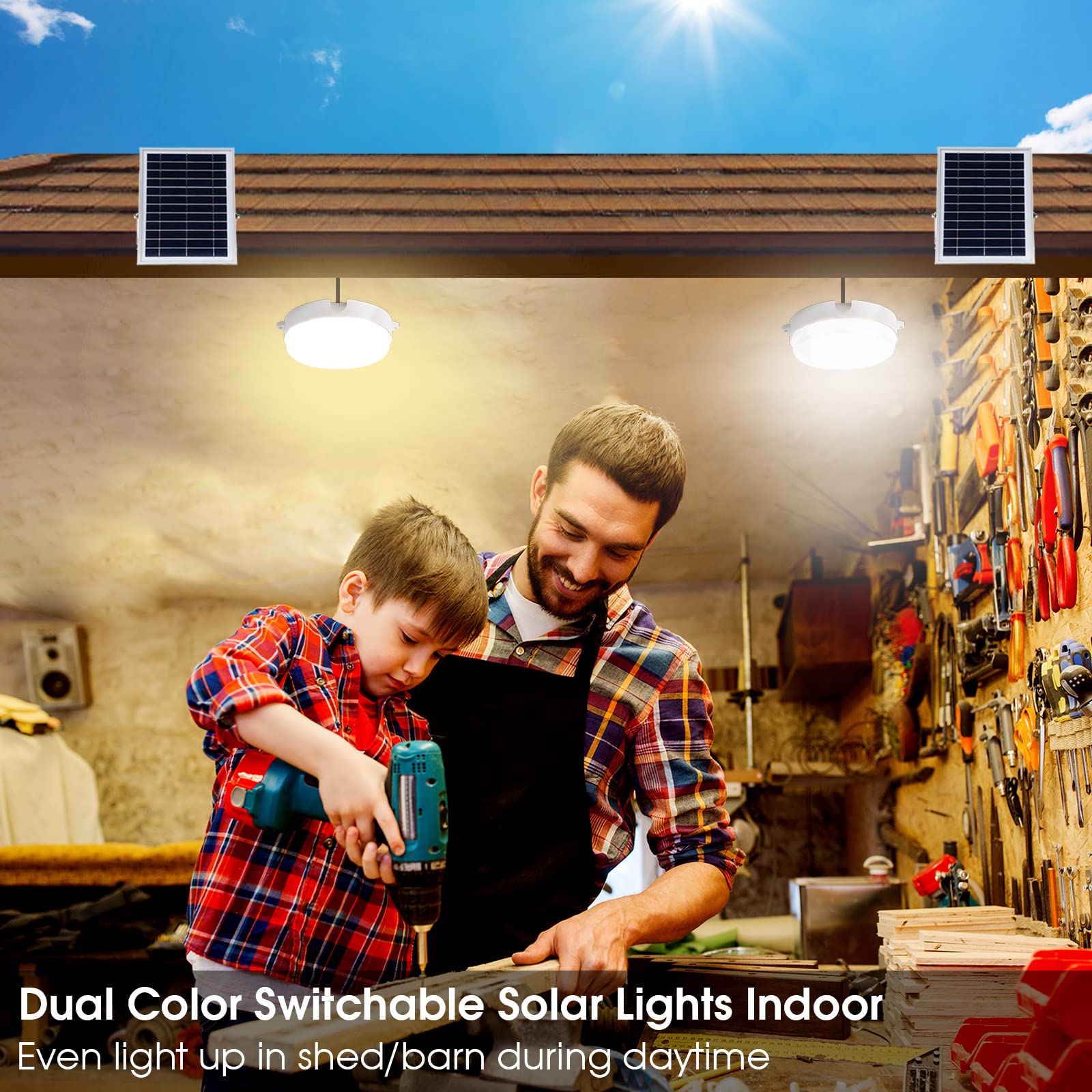 Solar Ceiling Lights - 1000LM Indoor/Outdoor Dimmable LED Solar Shed Light with Remote Control (Cool/Warm White) - Perfect for Yard, Patio, Garage, Barn, Chicken Coop & Outdoor Lighting Needs