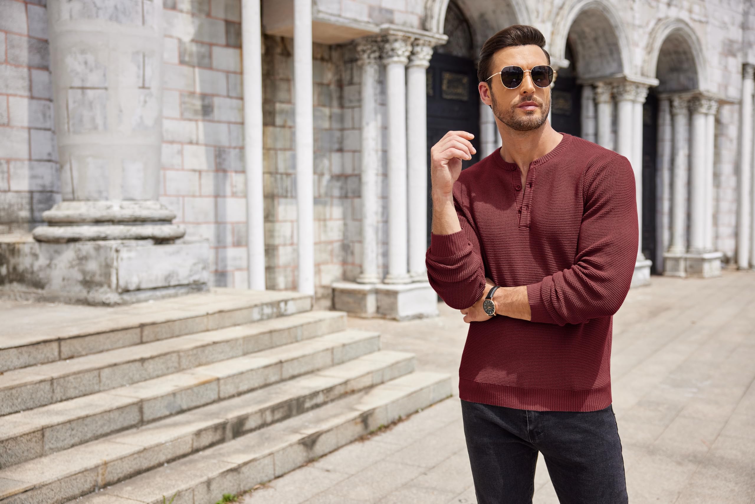 COOFANDY Men's Henley Knit Sweater - Long Sleeve Button Pullover with Waffle Texture | Casual Fashion Sweater for Men | Perfect for Fall, Winter & Date Nights