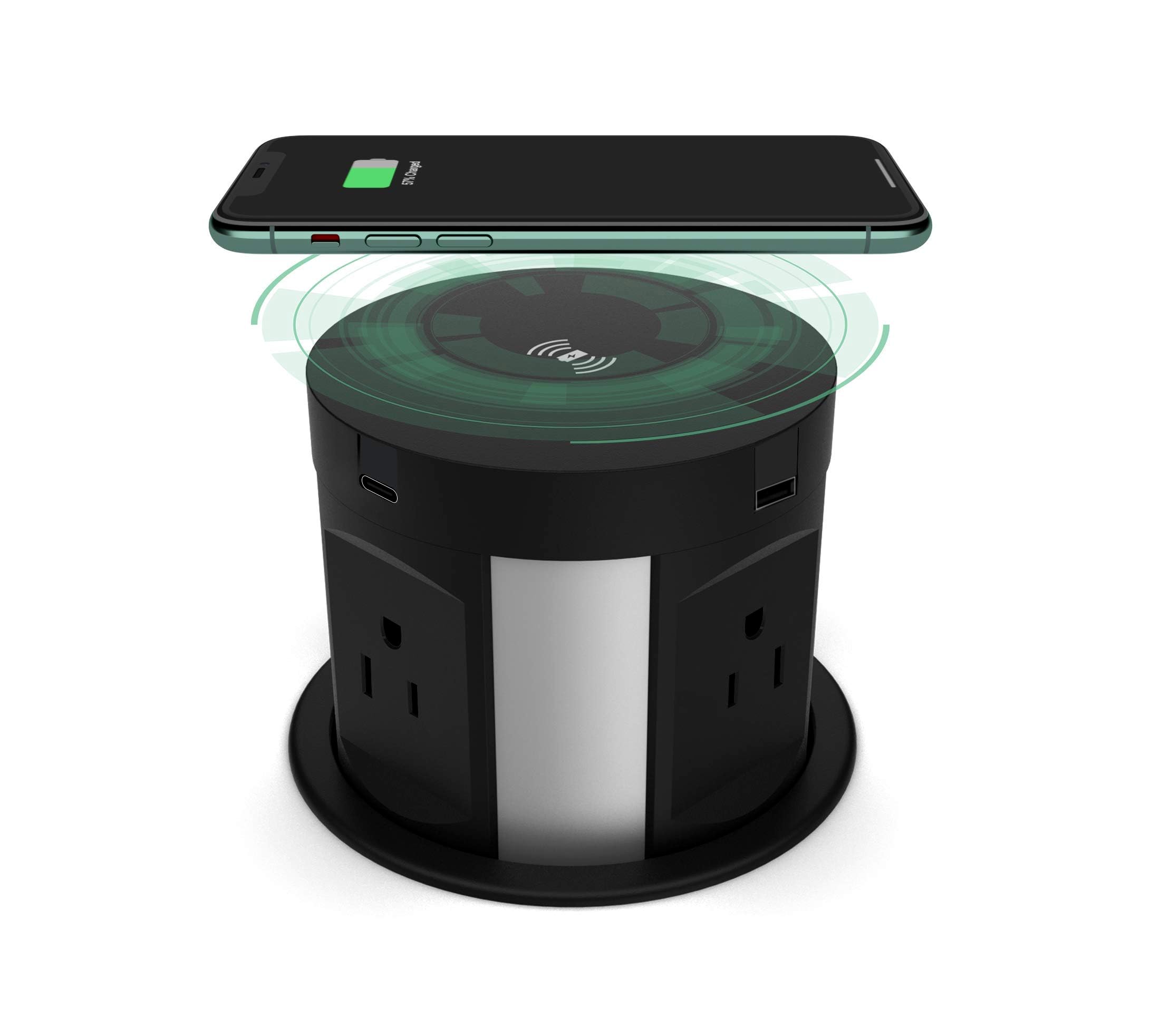 ETL Certified Automatic Pop-Up Outlet with 4 AC Outlets, 2 USB-A & 2 USB-C Ports - Recessed Power Strip with Wireless Charging for Kitchen Countertops, Conference Tables & Workbenches | Space-Saving Electrical Solution for Home & Office