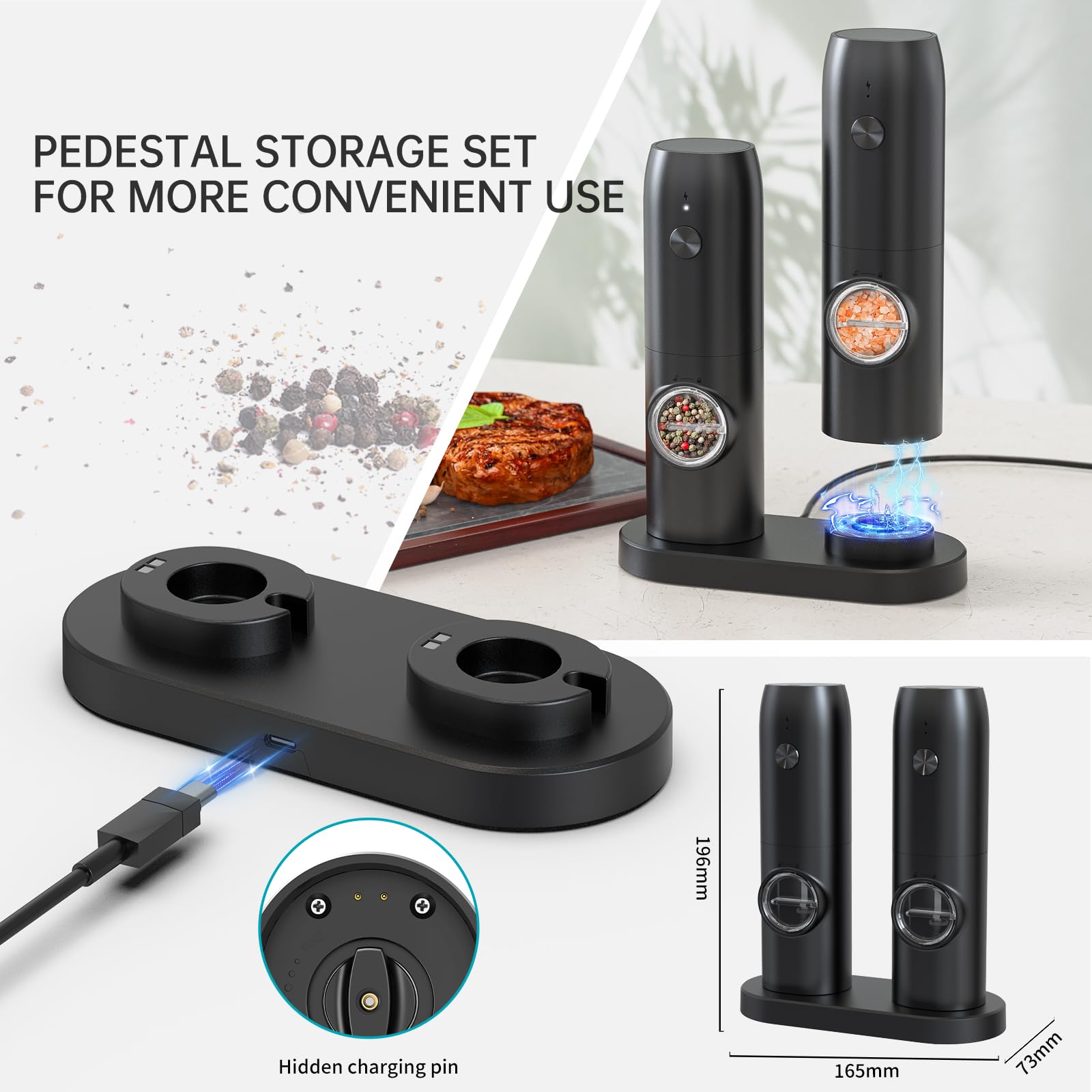 Premium Electric Pepper Grinder & Salt Mill Set - USB Rechargeable with Charging Base, Adjustable Ceramic Grinder, Automatic Spice Dispenser for Kitchen, Dining & Cooking - Perfect for Home Chefs & Gourmet Meals