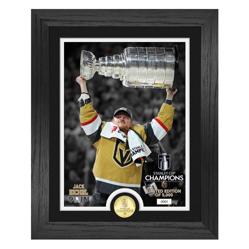 Jack Eichel 2023 Stanley Cup Champions Vegas Golden Knights Framed Photo with Bronze Coin Collage - Perfect for Hockey Fans, Man Cave Decor, and Sports Memorabilia Collectors