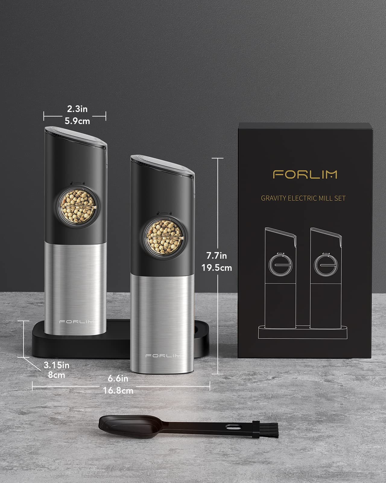 FORLIM Gravity Electric Salt and Pepper Grinder Set - USB Rechargeable, Adjustable Coarseness, Large Capacity, One-Hand Operation with LED Light (Stainless Steel Grey) - Perfect for Kitchen, Dining Table, Camping & Travel