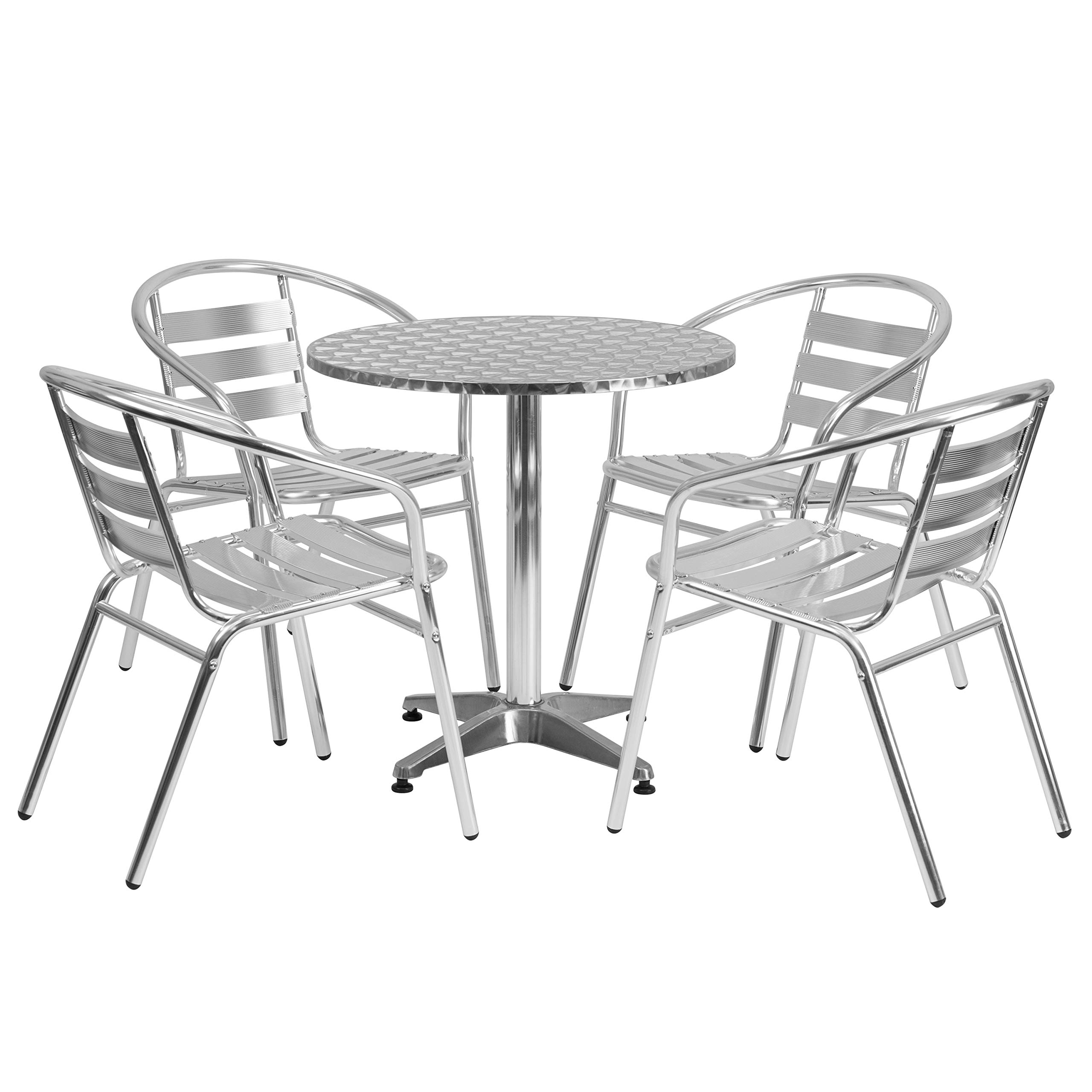 Flash Furniture 27.5'' Round Aluminum Patio Dining Table Set with 4 Slat Back Chairs - Perfect for Outdoor Entertaining, Backyard BBQs & Poolside Relaxation