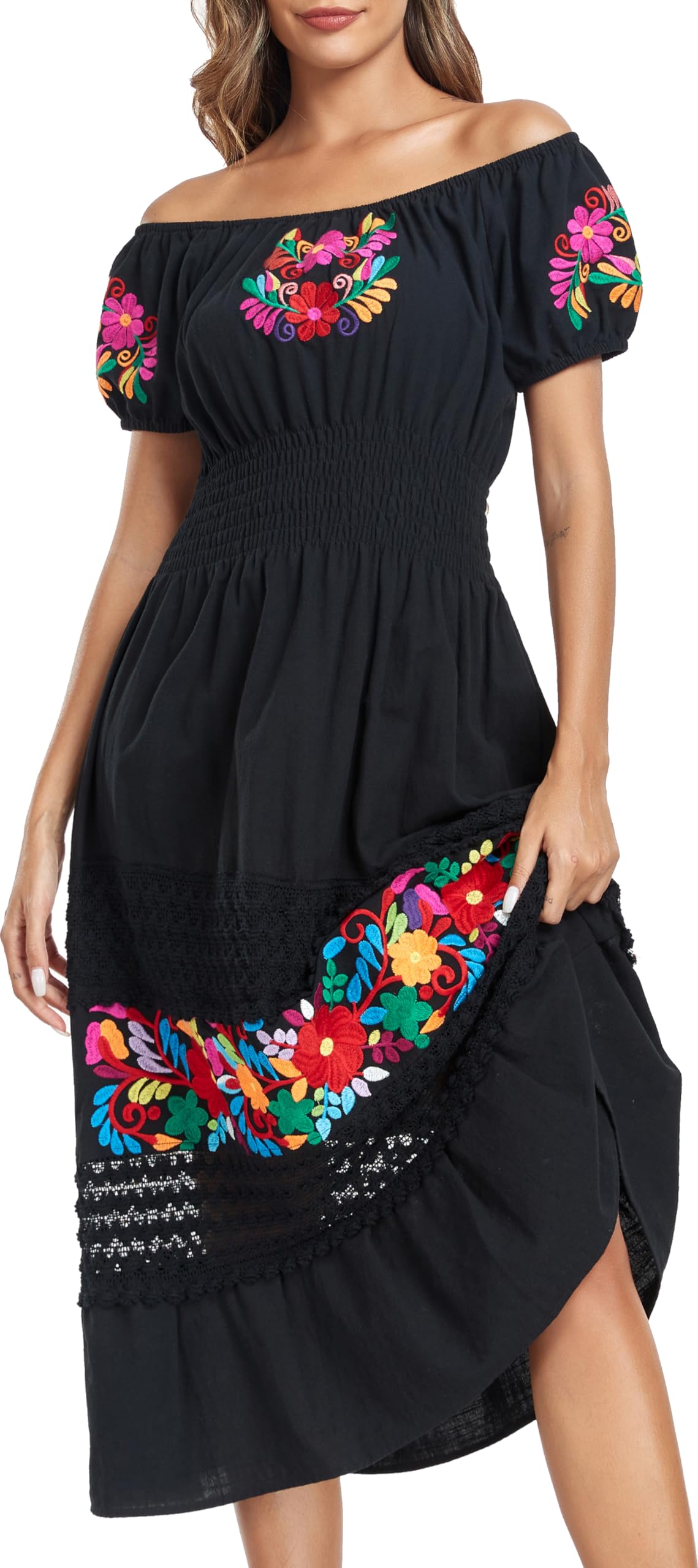 YZXDORWJ Women's Mexican Floral Embroidered Lace Ruffle Maxi Dress - Boho Summer Beach Dress for Vacation, Party & Casual Wear