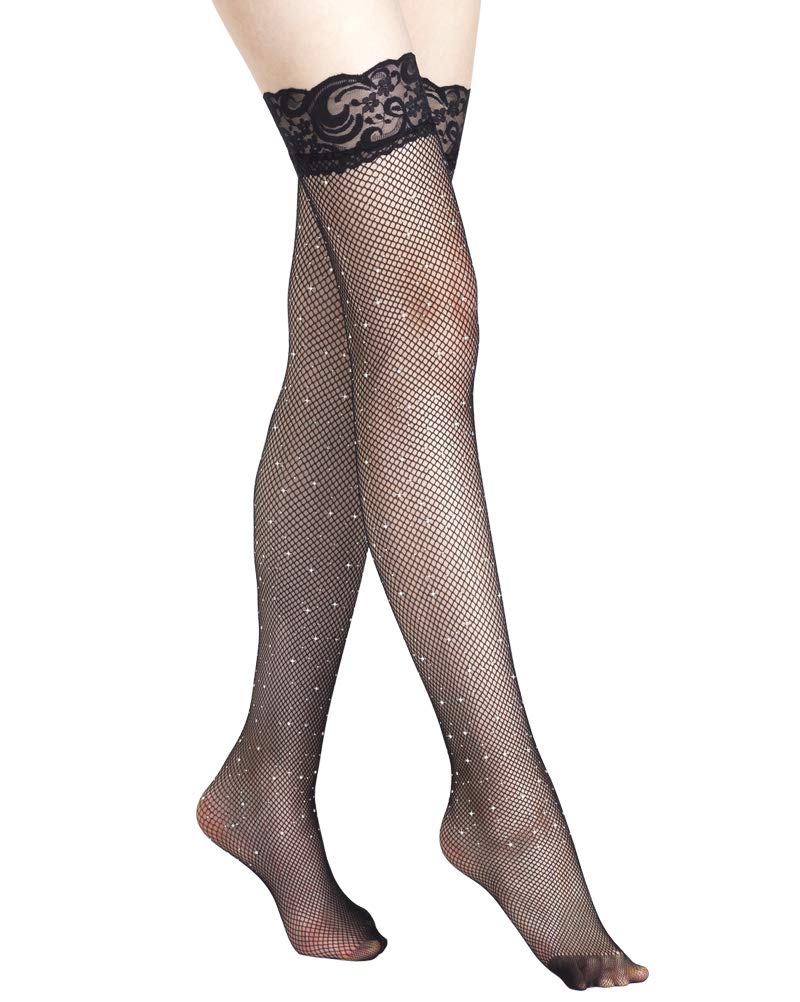 Sparkle Rhinestone Thigh High Stockings for Women - Sexy Glitter Crystal Fishnet Stockings in Black | Perfect for Parties, Cosplay & Night Out