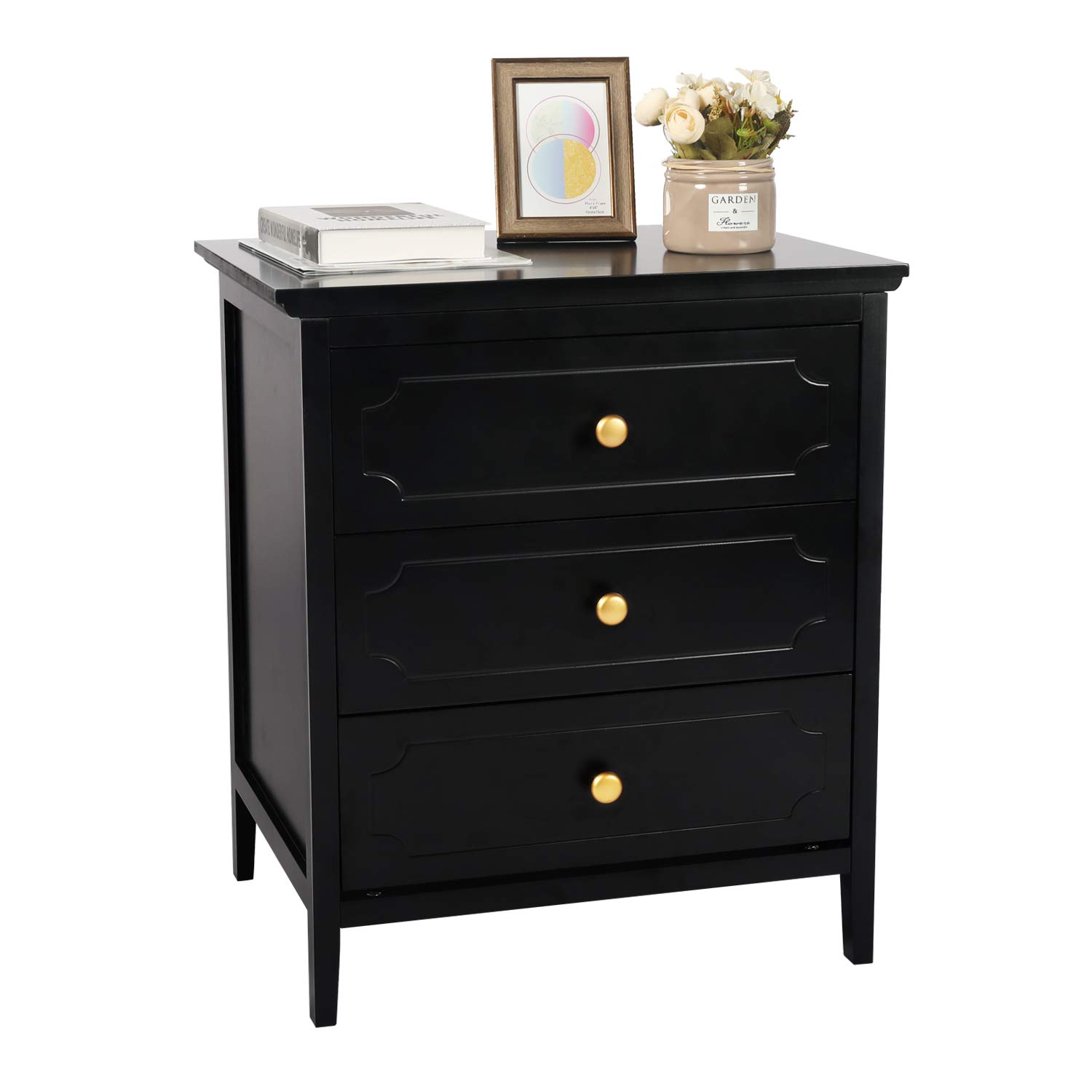 YIGOBUY 19 Inch Nightstand with 3 Drawers - Wooden Bedside Table with Storage for Bedroom & Living Room - Black Finish End Table (Perfect for Small Spaces, Apartment Essentials, Home Organization)