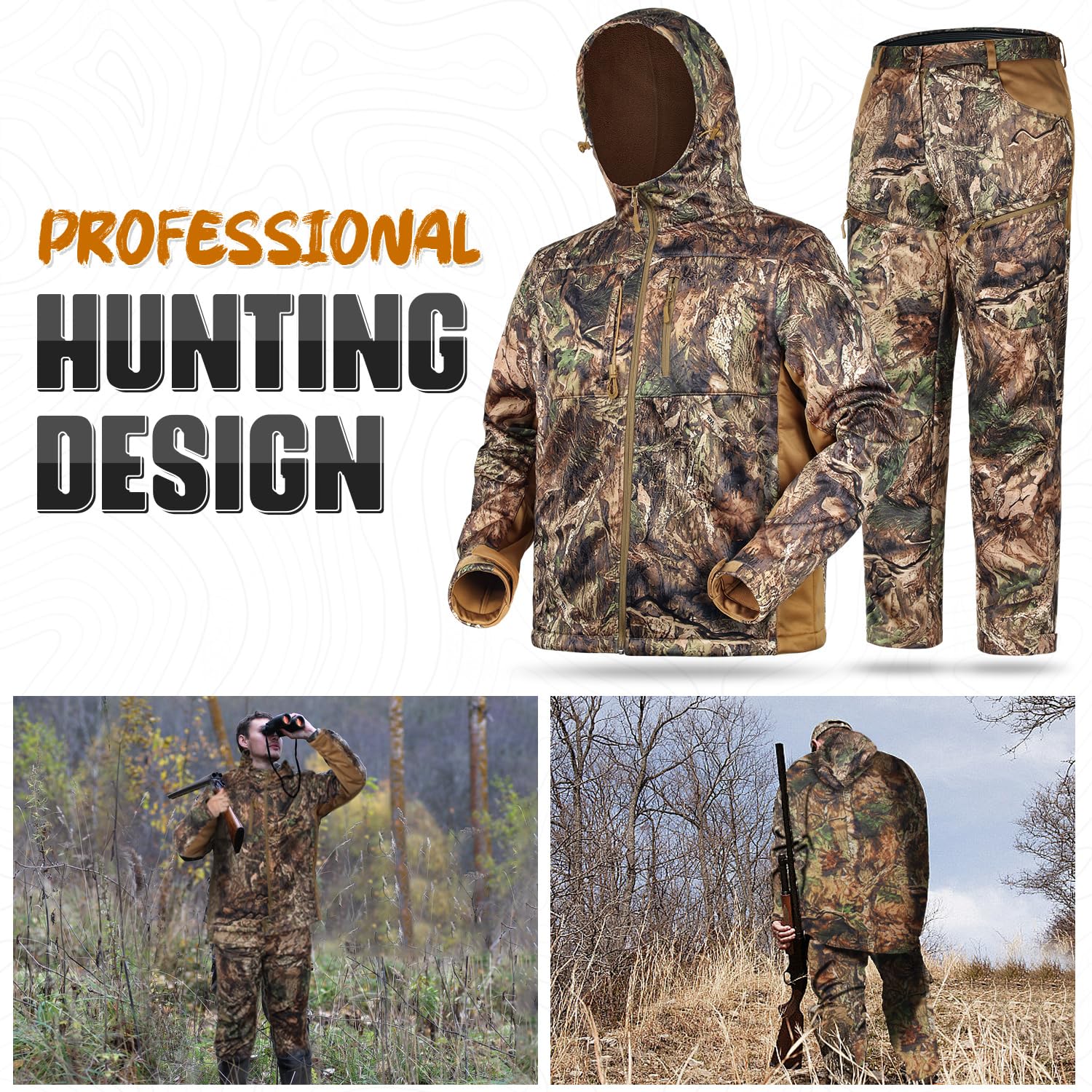 Silent Hunting Jacket and Pants Set for Men - Warm Fleece Lined Camo Hunting Gear for Cold Weather - Perfect for Deer Hunting, Duck Hunting & Outdoor Adventures