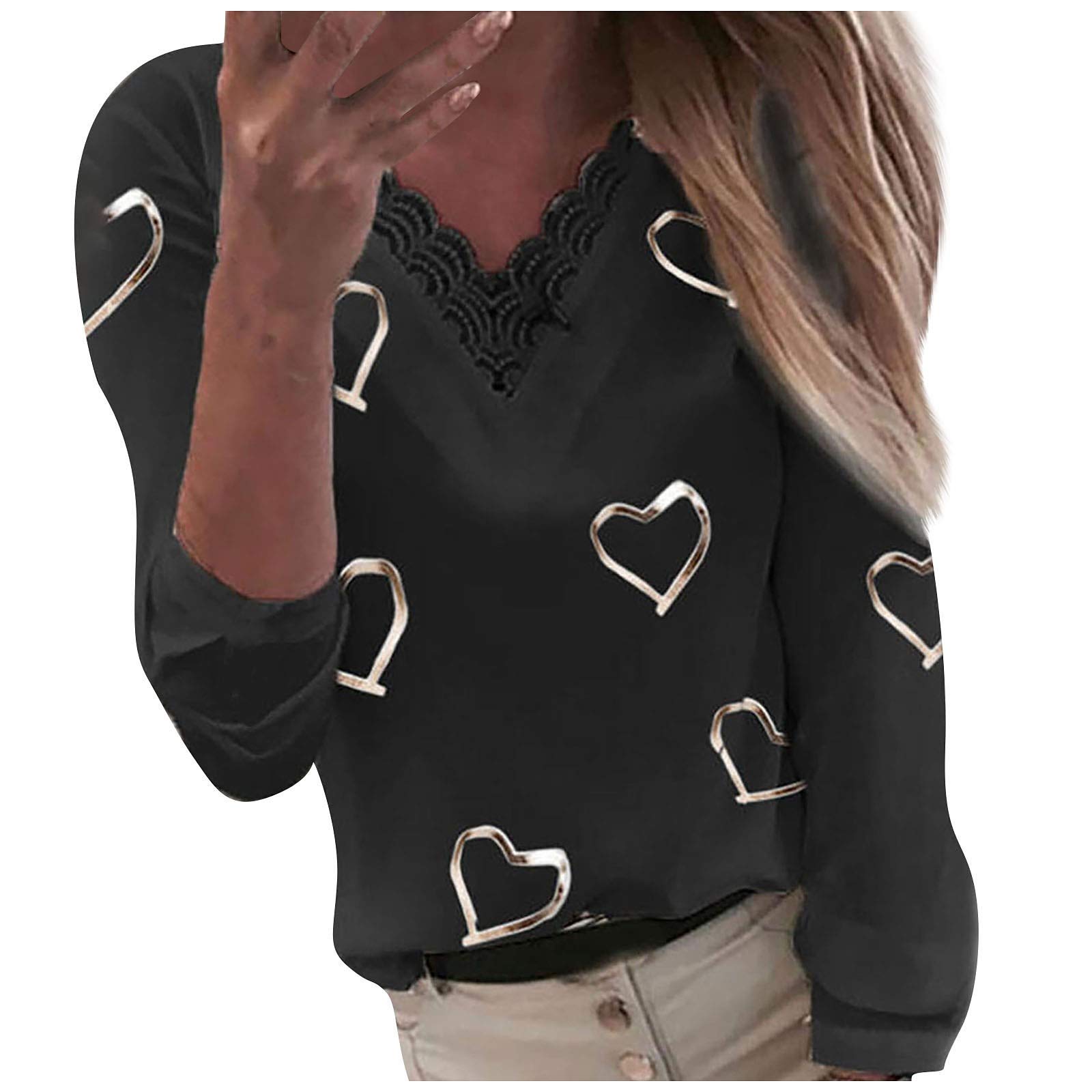 2022 Women's Lace V-Neck Long Sleeve Blouse - Plus Size Vintage Elegant Tunic Top & Graphic Tee - Perfect for Office Wear, Date Night and Casual Outfits