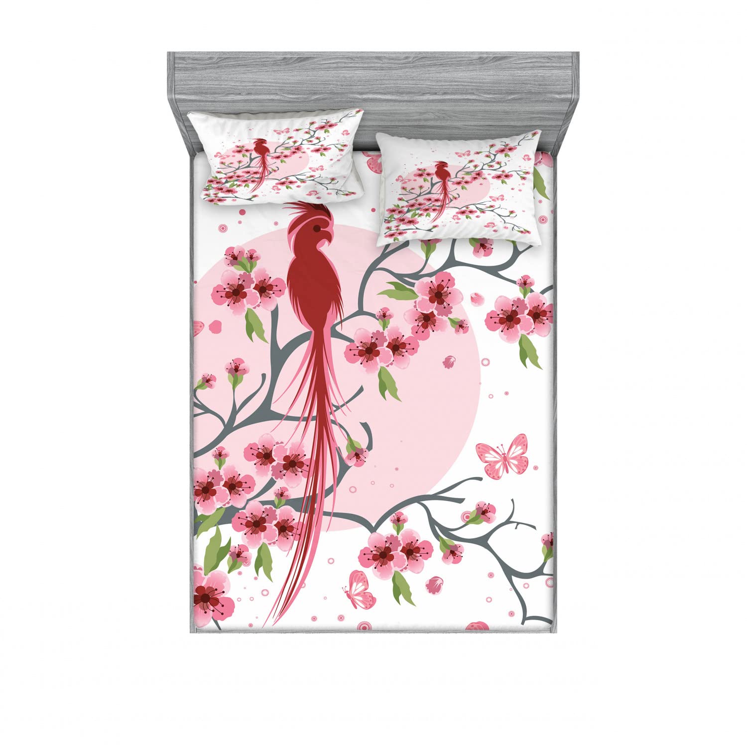 Ambesonne 2-Pack Queen Size Fitted Sheet Set with 4 Pillow Shams - Mythical Phoenix Bird Design, Pink Luxury Bedding Collection for Bedroom Decor | Perfect for Guest Rooms, Master Bedrooms & Bohemian Home Styling