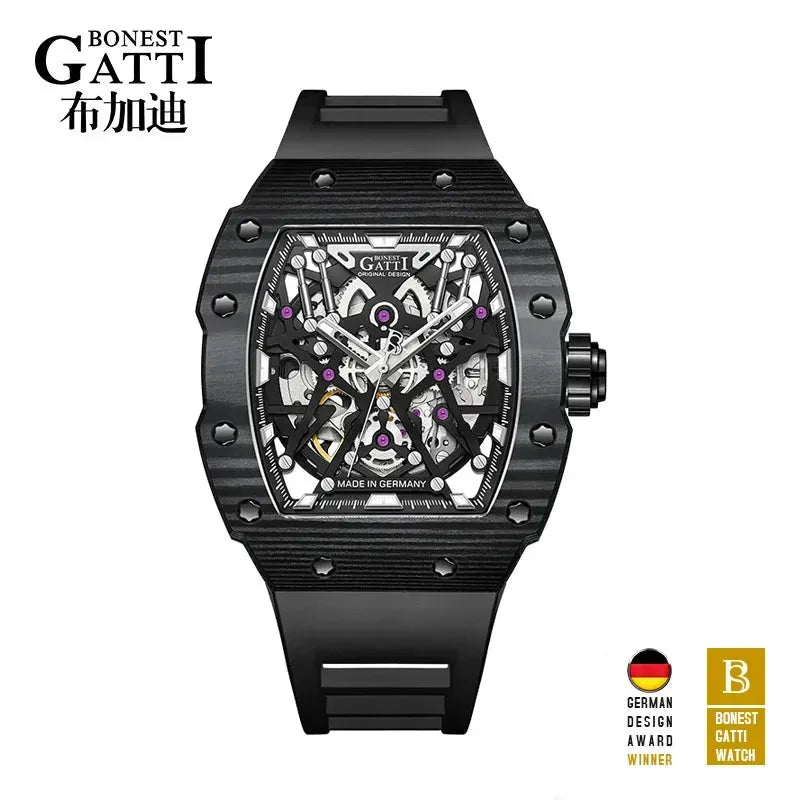 BONEST GATTI Carbon Fiber Automatic Mechanical Watch for Men - Luxury Skeleton Design, Sports Waterproof Wristwatch - Perfect for Business, Casual Wear & Outdoor Activities