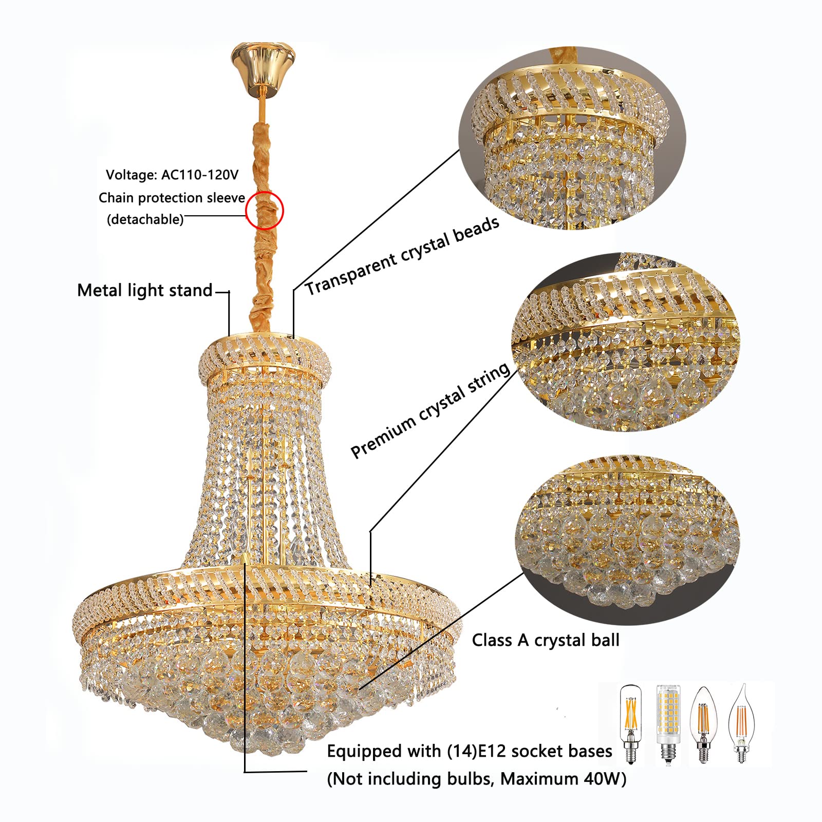 Modern K9 Crystal Chandelier - 14-Light E12 Base Golden Finish Empire Style Ceiling Light Fixture - 23.6