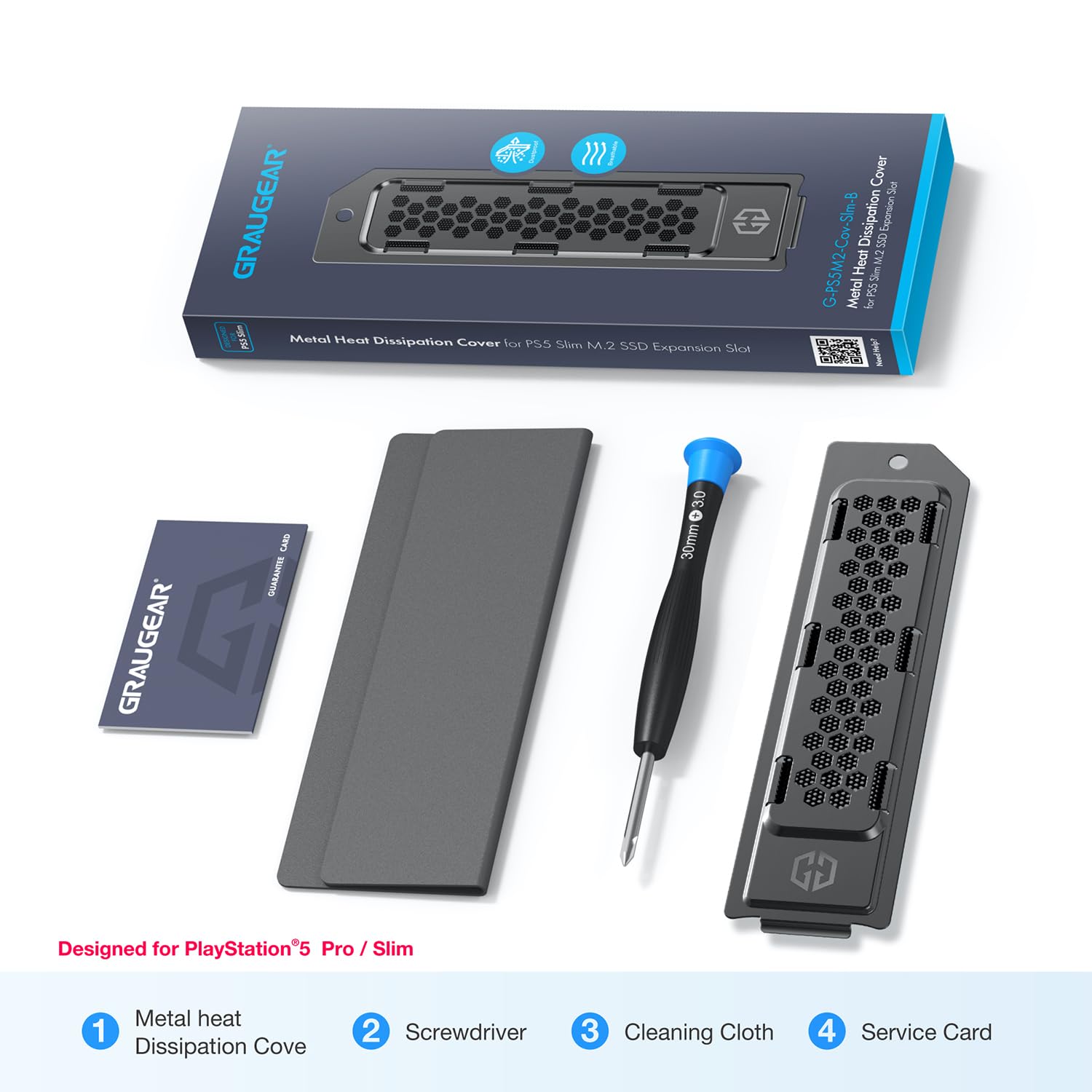 GRAUGEAR Metal Heat Dissipation Cover for PS5 Pro/Slim M.2 SSD Expansion Slot | Compatible with PS5 NVMe SSD with Heatsink | Enhanced Cooling with Breathable Cellular Design | Dust Proof Protection (Black) | Perfect for Gaming, Streaming & Extended Play Sessions