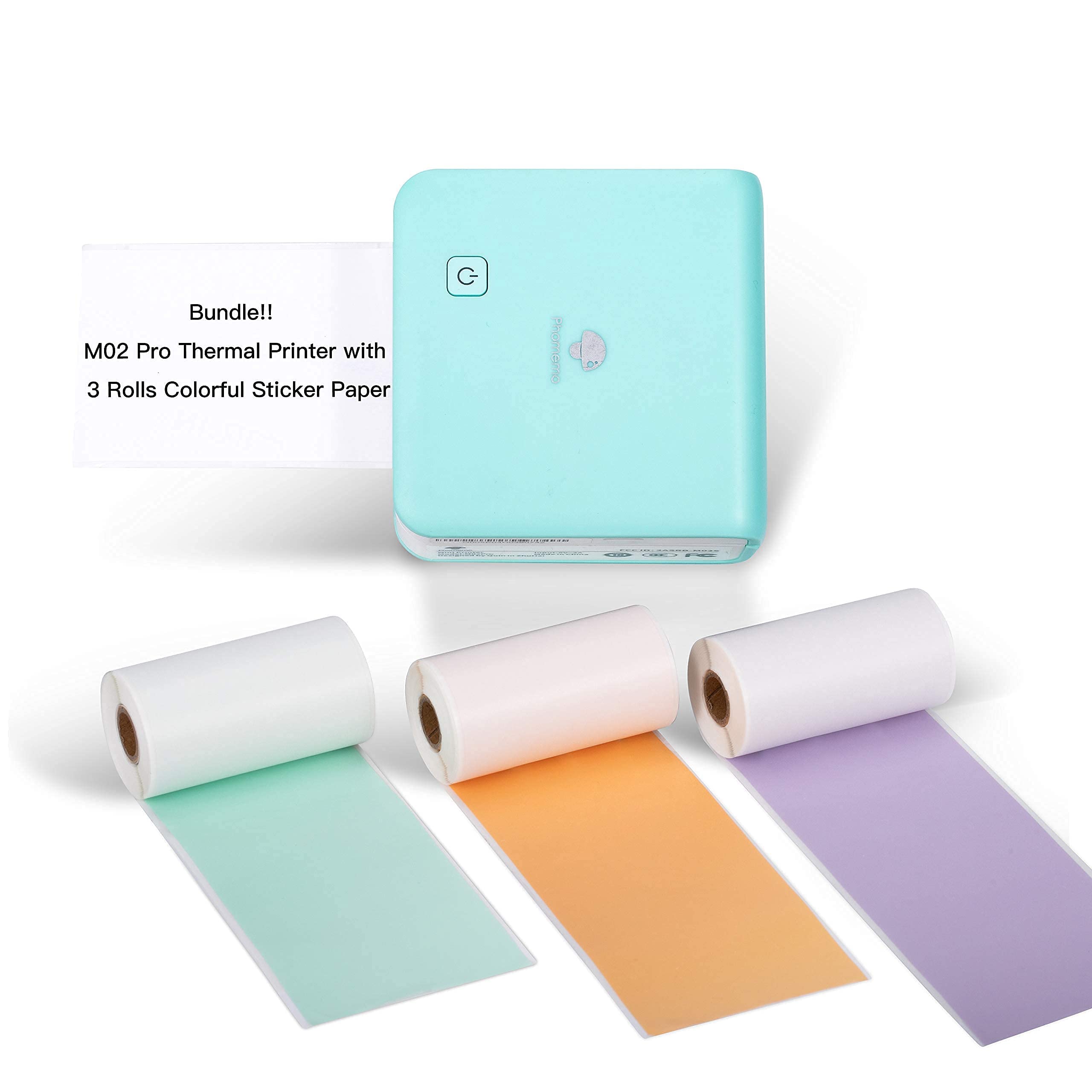 Phomemo M02 Pro Mini Bluetooth Thermal Photo Printer - Portable Sticker Printer with 3 Rolls Colorful Sticker Paper, Compatible with iOS & Android for Study Notes, Art Projects, Bullet Journaling, Office Work | Perfect for Students, Artists & Professionals