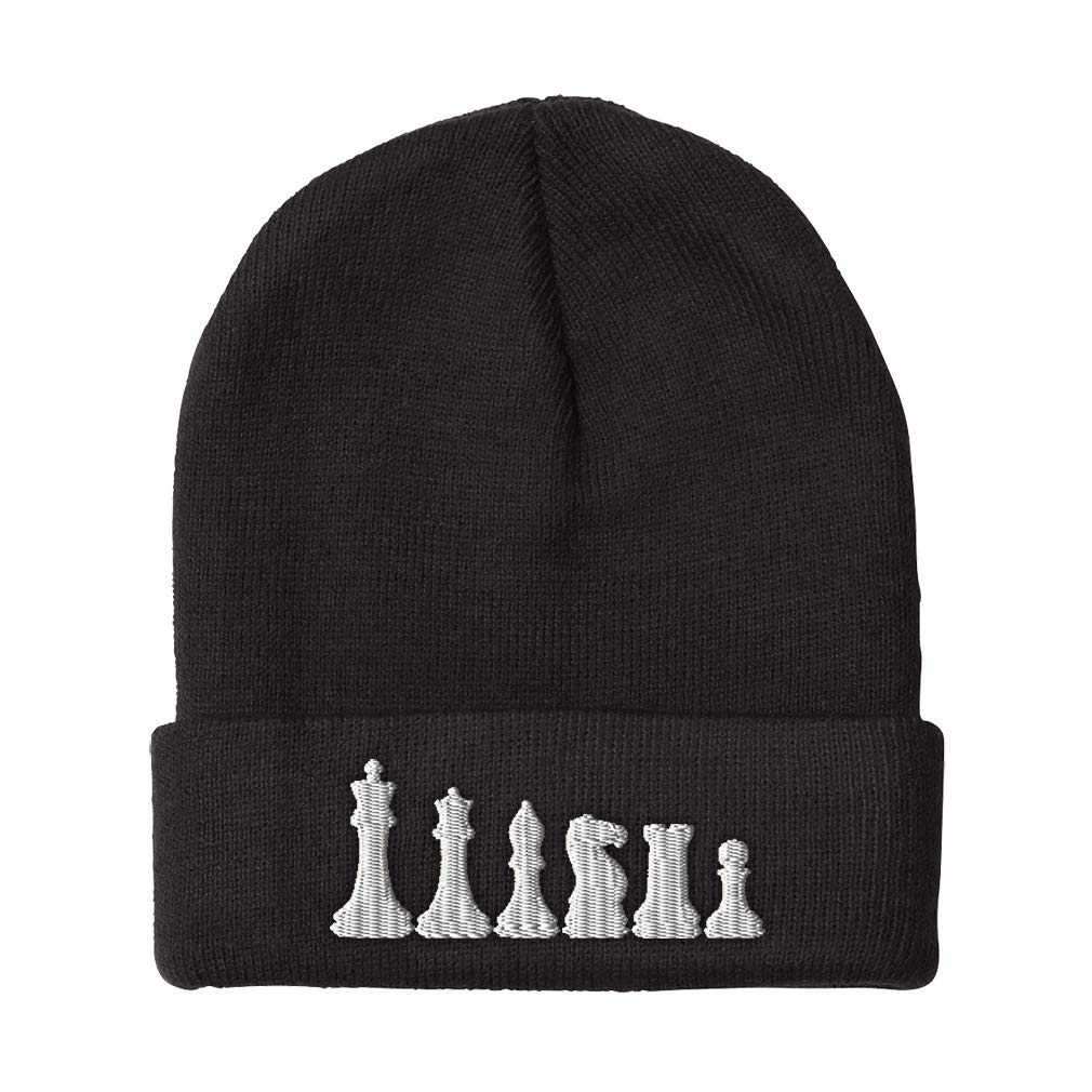 Men's and Women's Winter Beanies with Chess Set White Embroidery - Acrylic Skull Cap One Size - Perfect for Cold Weather, Chess Enthusiasts, and Outdoor Activities
