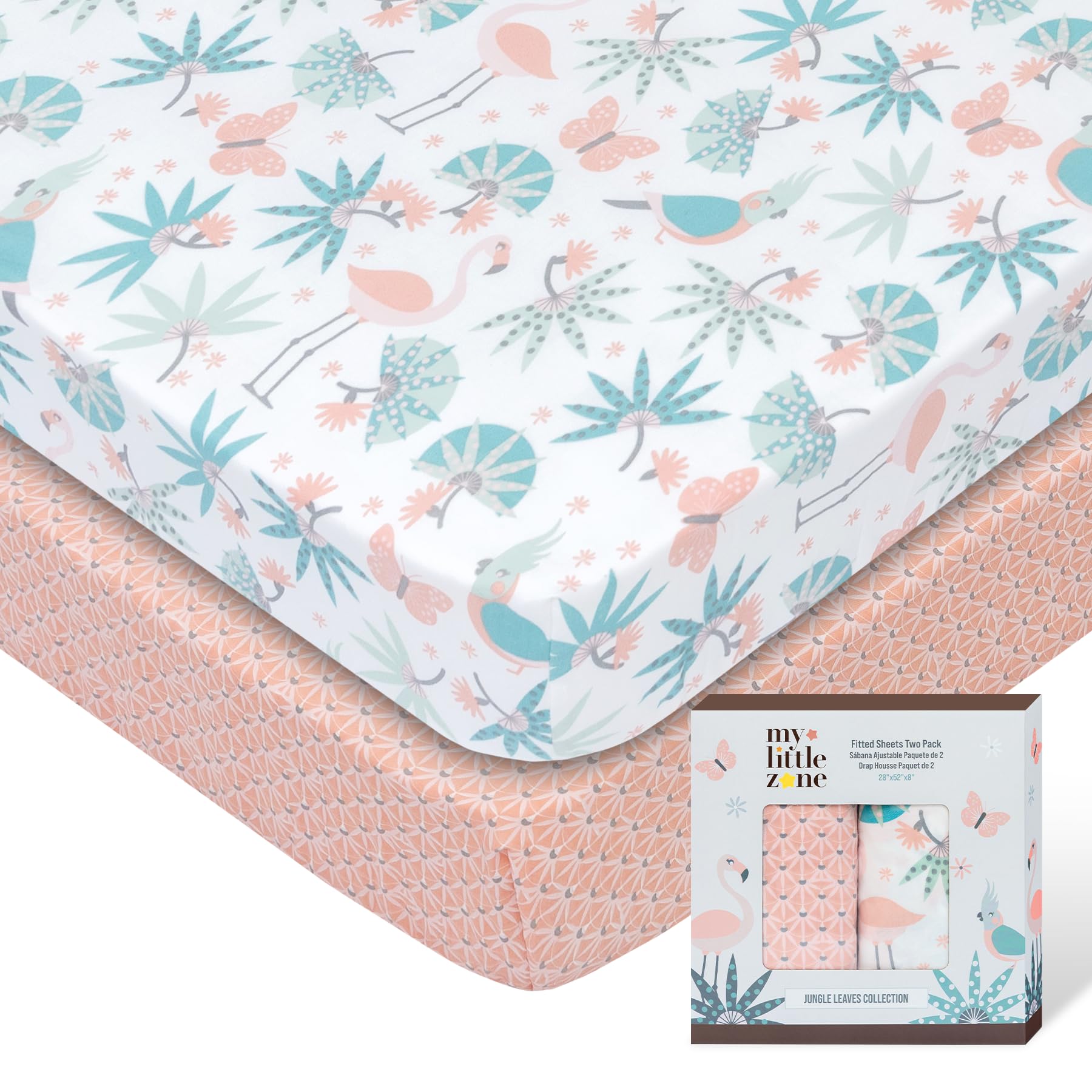 My Little Zone 100% Cotton Crib Fitted Sheets for Baby Girls - Soft Flamingo & Jungle Leaves Print, Breathable Toddler Bed Sheet Set, 28x52 Inches with 8