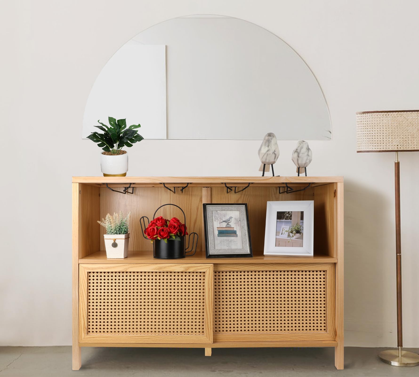 ZYBT Coffee Bar Cabinet with Storage - Modern Liquor Cabinet & Wine Bar for Home, Boho Rattan Bar Table with Glass Storage | Perfect for Kitchen, Living Room & Entertaining Guests