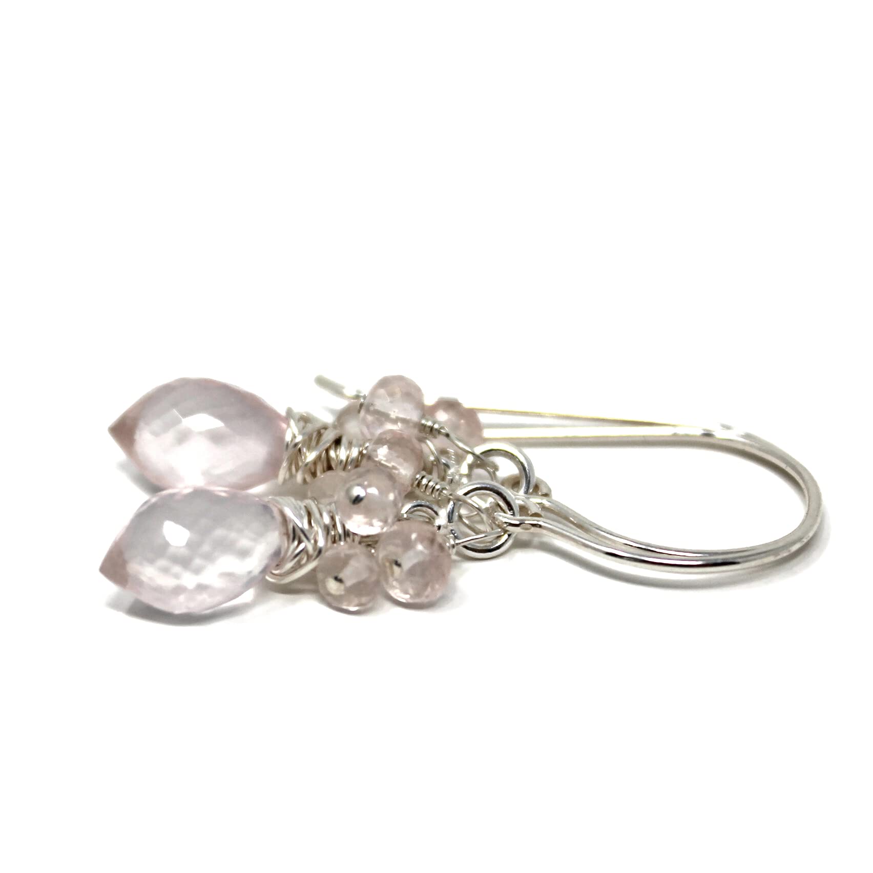 Handmade Rose Quartz Cluster Earrings - Sterling Silver 925 Hypoallergenic Jewelry for Women | Boho Chic Dangle Earrings for Date Night, Wedding & Special Occasions